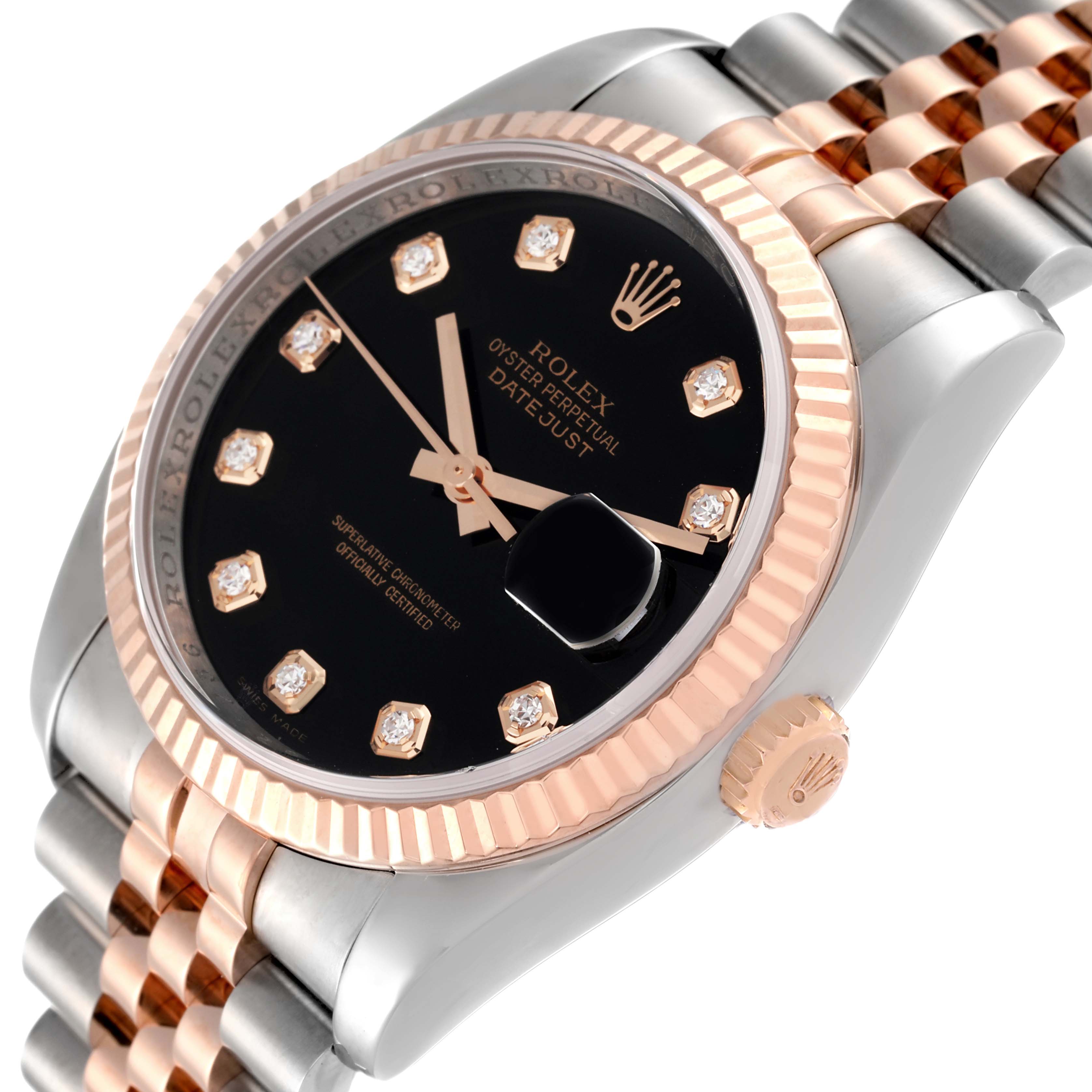 The image shows a Rolex Datejust 116231 Men's Steel and Gold (two tone) Black Dial 116231 Men's Steel and Gold (two tone) Black Dial watch at a slight angle, highlighting its black dial, diamond hour markers, fluted bezel, and two-tone bracelet.