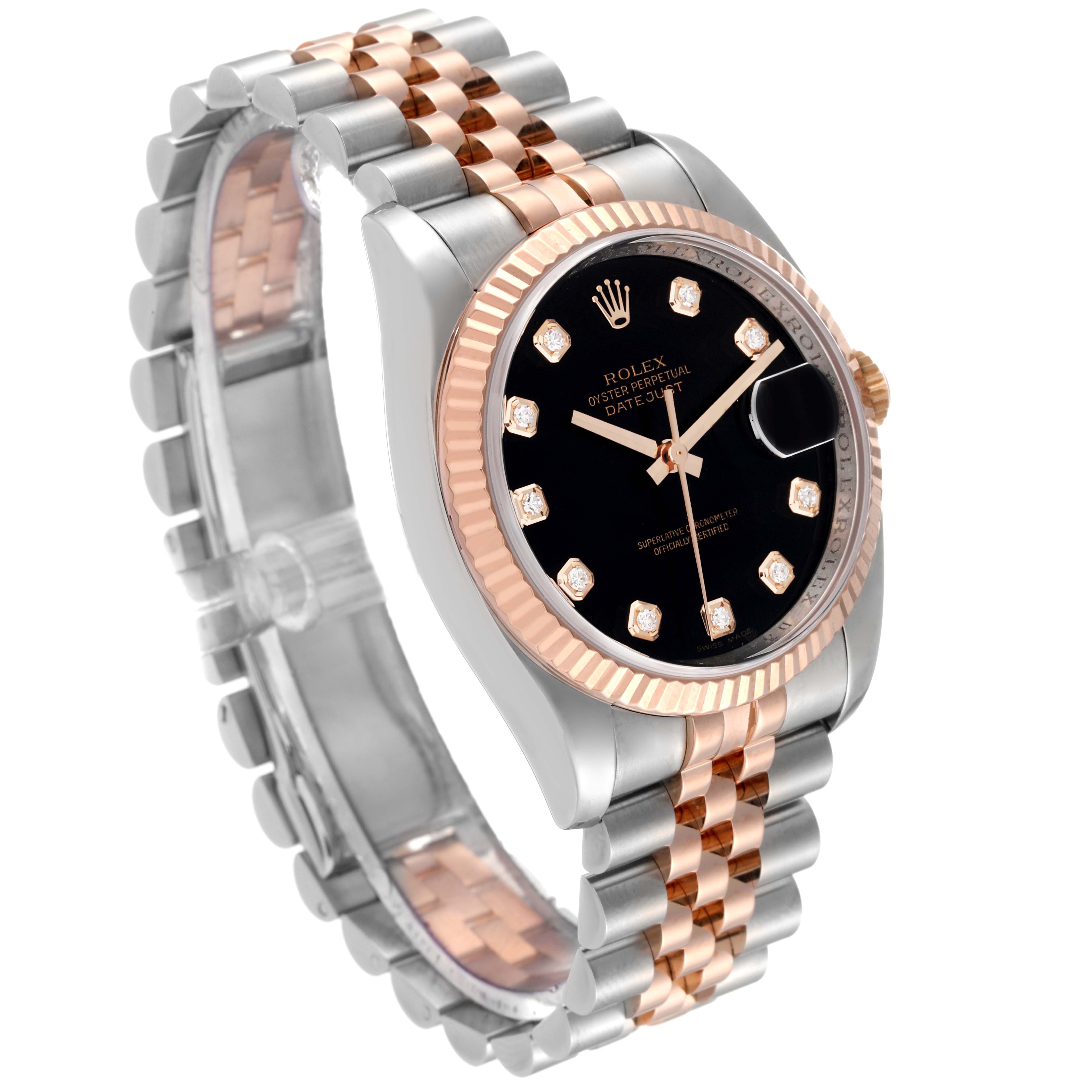 This Rolex Datejust 116231 Men's Steel and Gold (two tone) Black Dial 116231 Men's Steel and Gold (two tone) Black Dial watch is shown at a three-quarter angle, highlighting its two-tone bracelet, black dial, and fluted bezel.