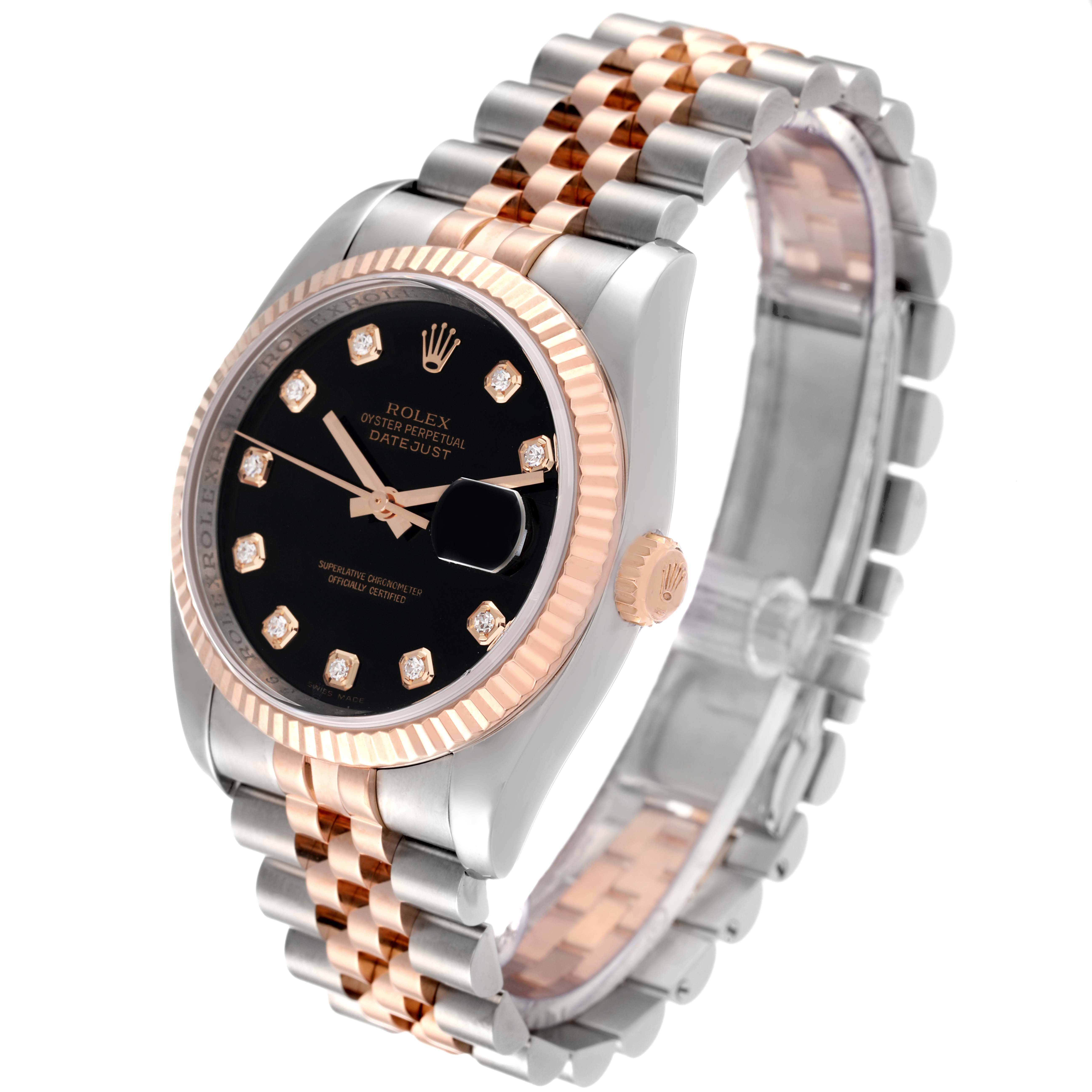 The Rolex Datejust 116231 Men's Steel and Gold (two tone) Black Dial 116231 Men's Steel and Gold (two tone) Black Dial watch is shown at a three-quarter angle, highlighting its black dial, diamond hour markers, and two-tone bracelet.