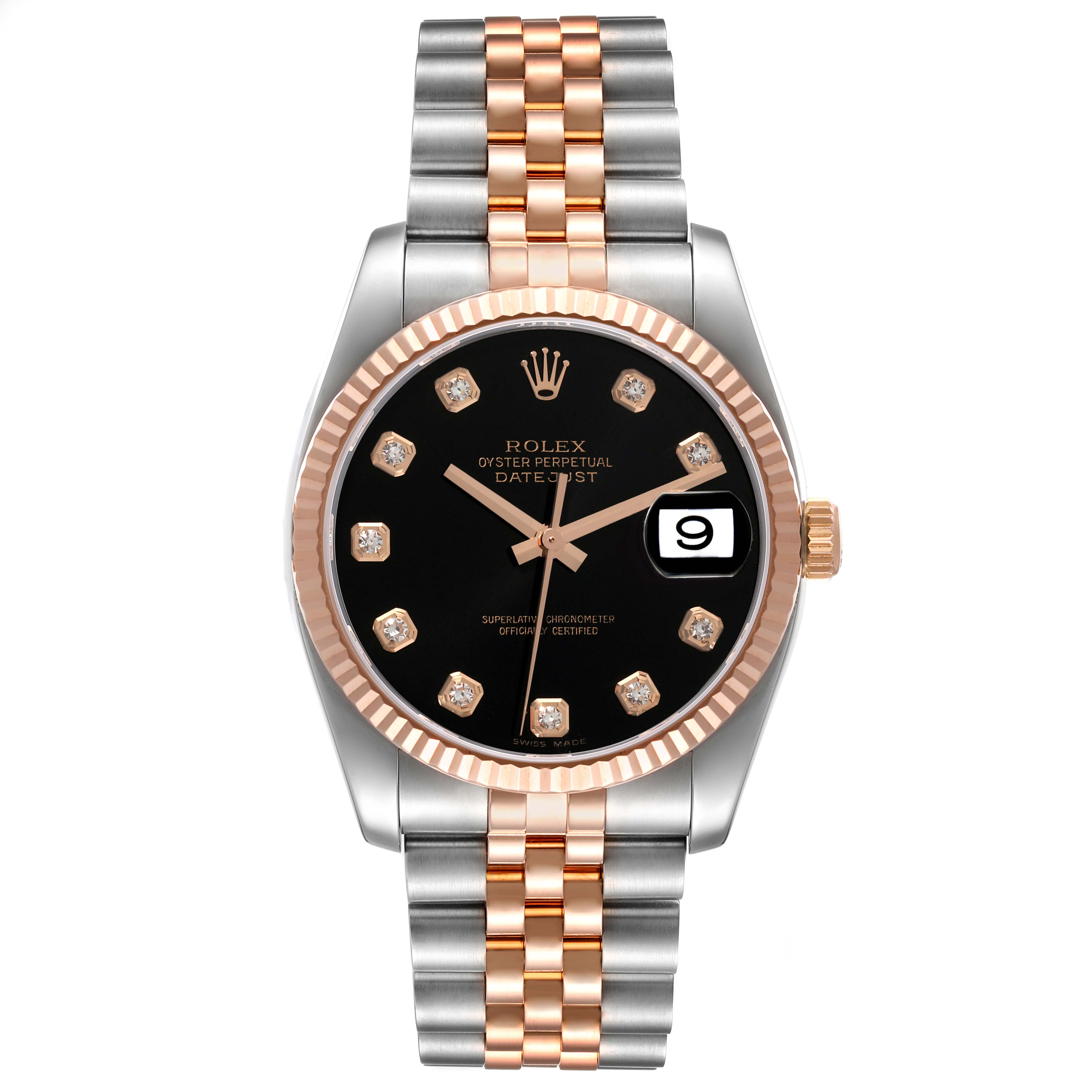 This image shows a front view of a Rolex Datejust 116231 Men's Steel and Gold (two tone) Black Dial 116231 Men's Steel and Gold (two tone) Black Dial watch featuring a two-tone bracelet, black dial, and diamond hour markers.