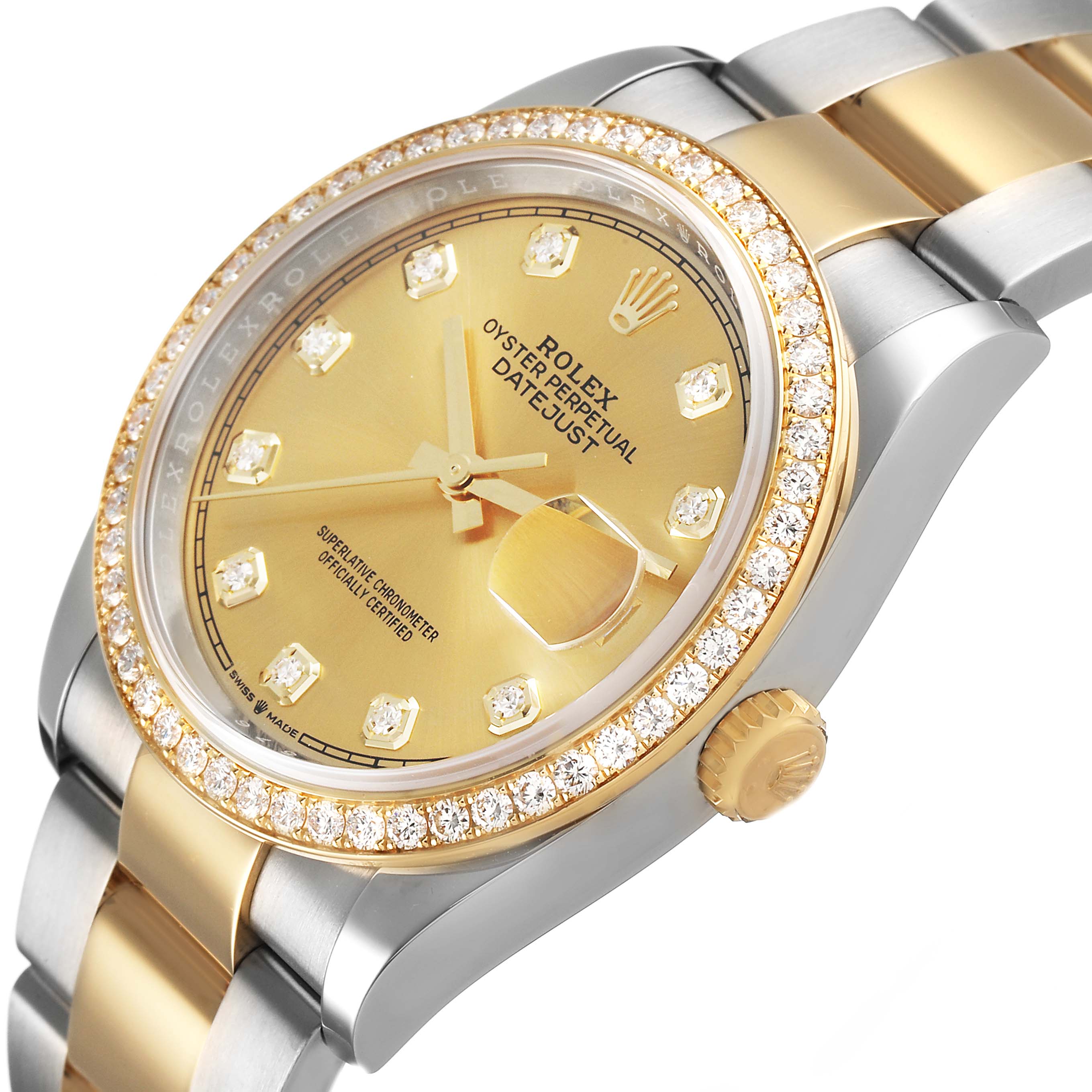 The Rolex Datejust 126283RBR Men's Steel and Gold (two tone) Champagne Dial watch is shown at an angle highlighting the dial, bezel, crown, and bracelet.