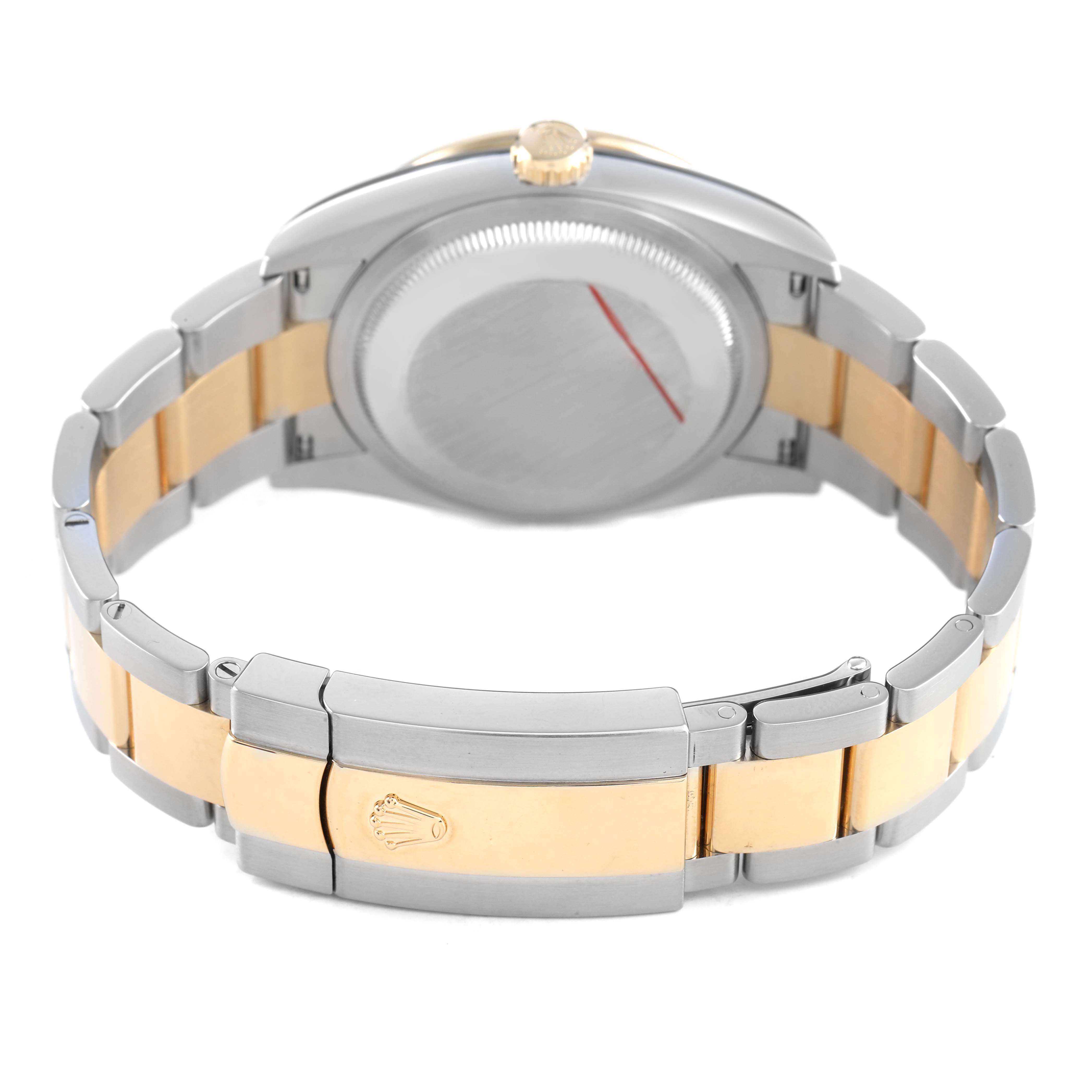 The image shows the back view of a Rolex Datejust 126283RBR Men's Steel and Gold (two tone) Champagne Dial, highlighting its two-tone bracelet and closed clasp with the Rolex logo.