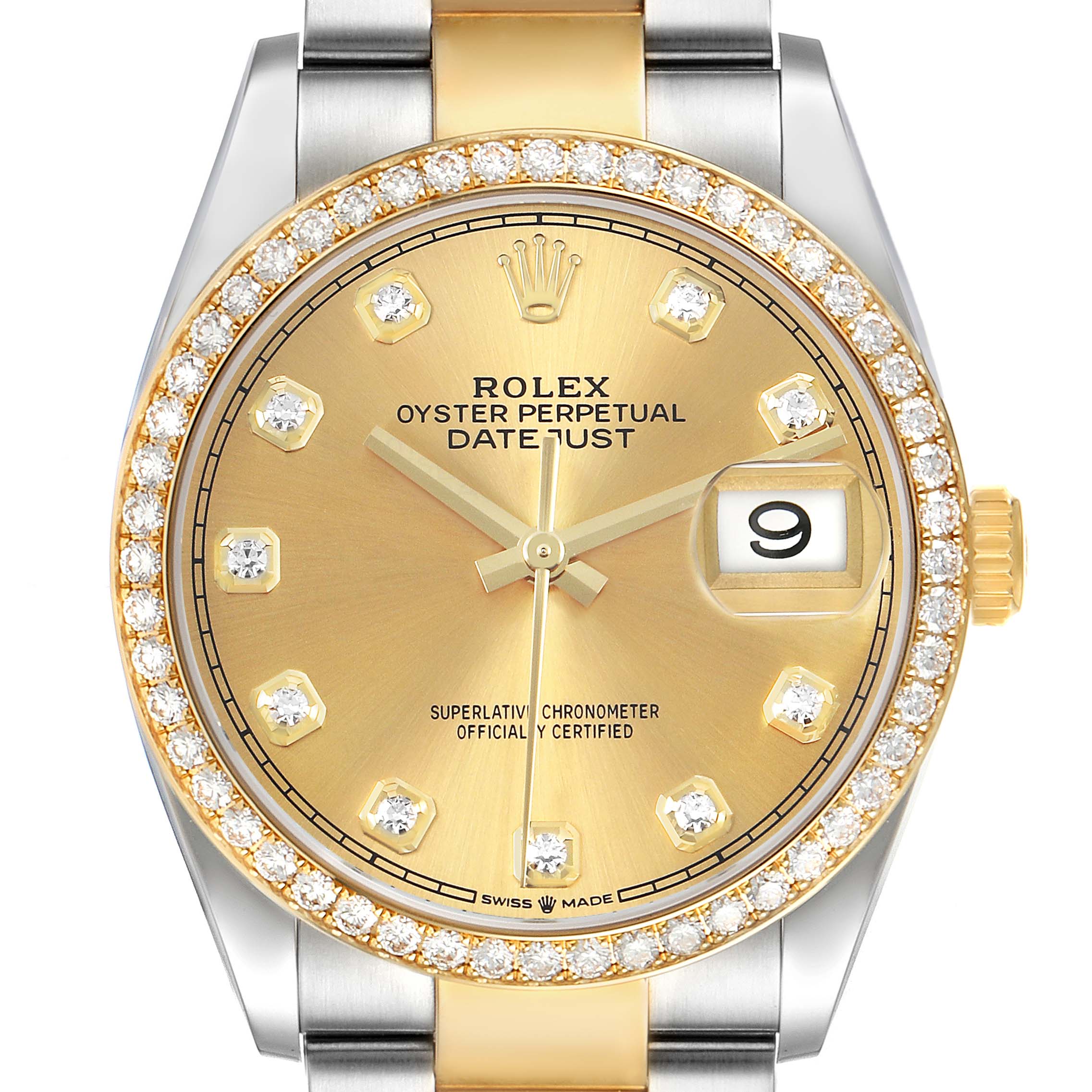 The Rolex Datejust 126283RBR Men's Steel and Gold (two tone) Champagne Dial watch is shown from a front angle, highlighting the gold dial, diamond indices, and diamond-encrusted bezel.