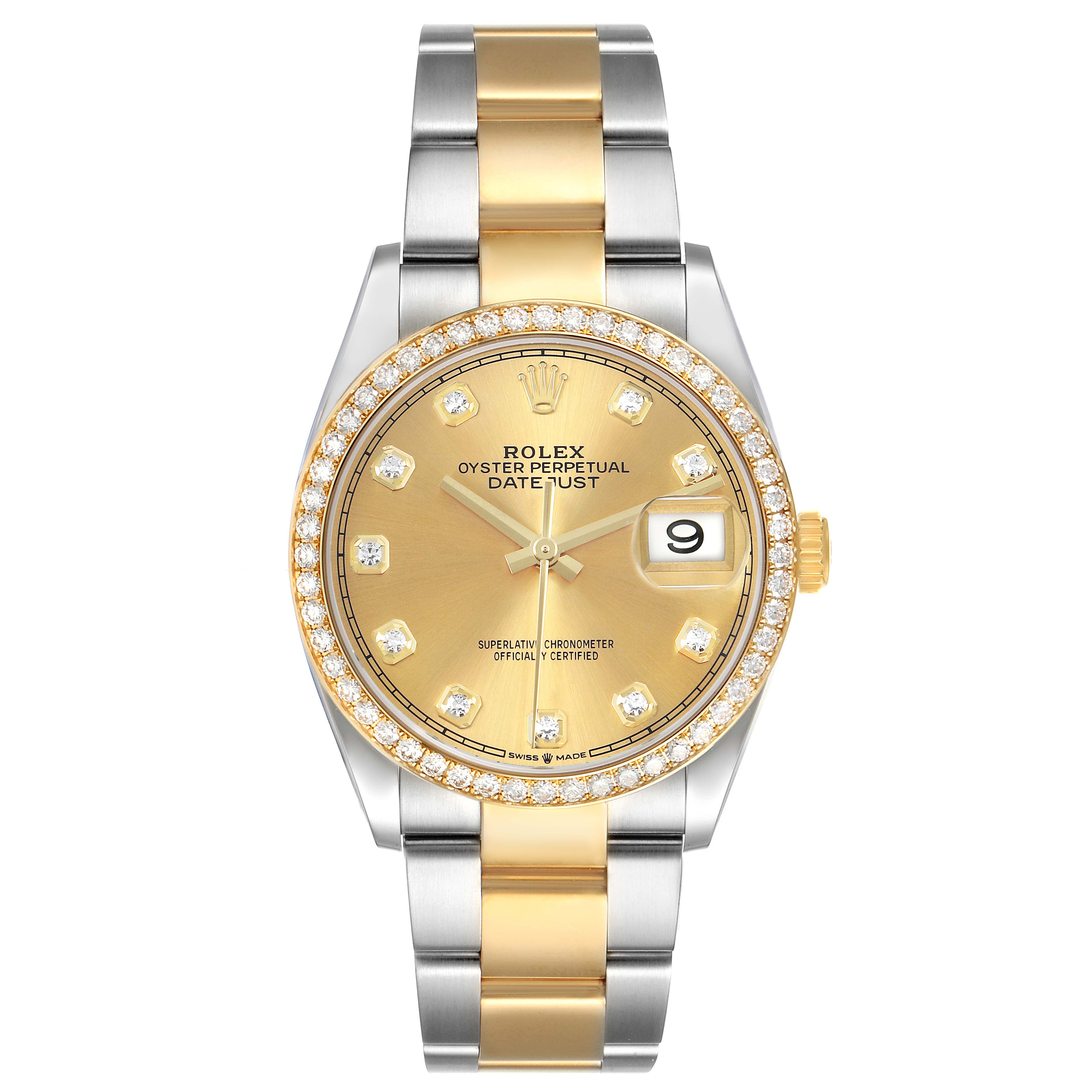 The Rolex Datejust 126283RBR Men's Steel and Gold (two tone) Champagne Dial watch is shown from the front, displaying its dial, bracelet, diamond markers, and date window.
