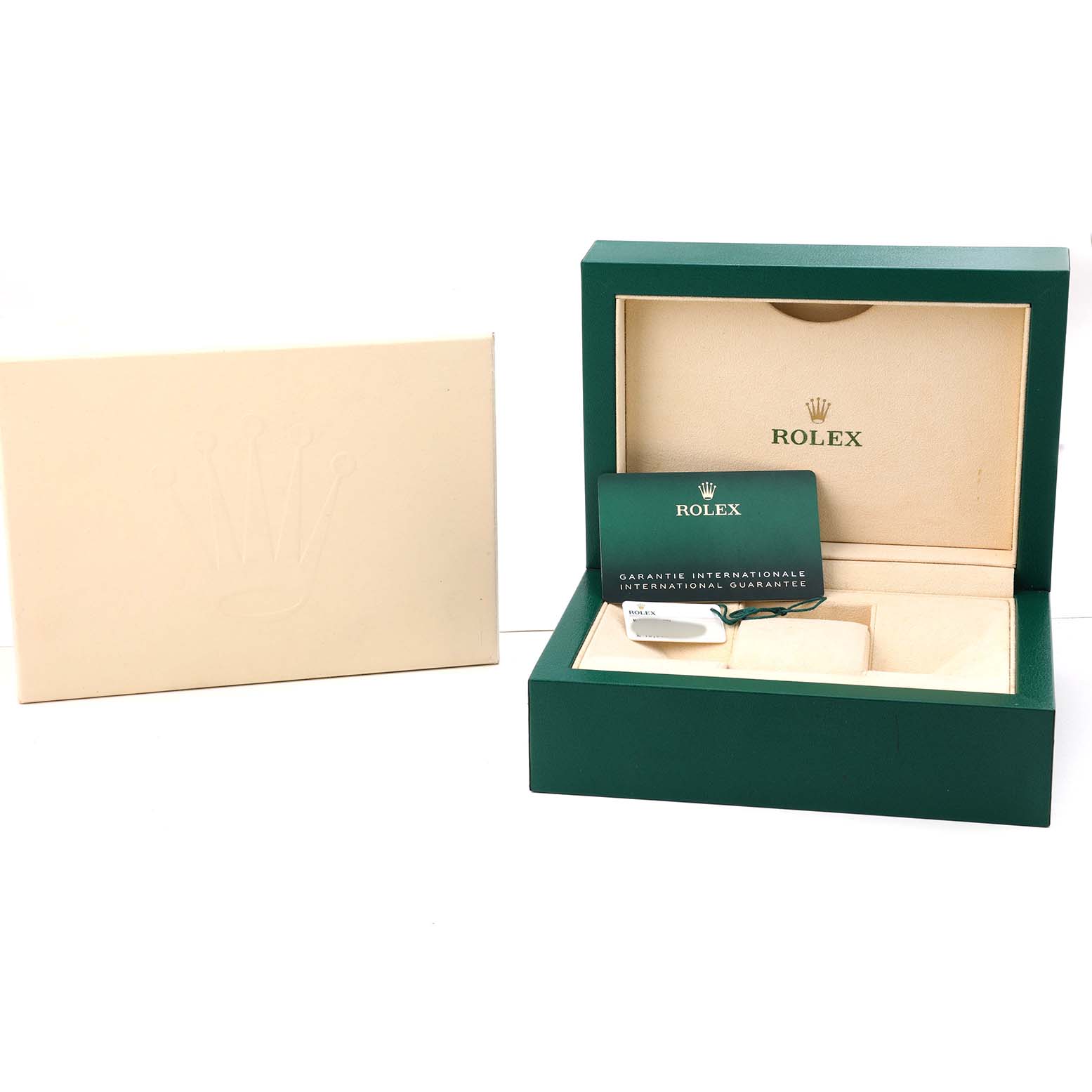 The image shows a Rolex Datejust 126283RBR Men's Steel and Gold (two tone) Champagne Dial watch box and accessories, including a warranty card and tags, viewed from a front angle.