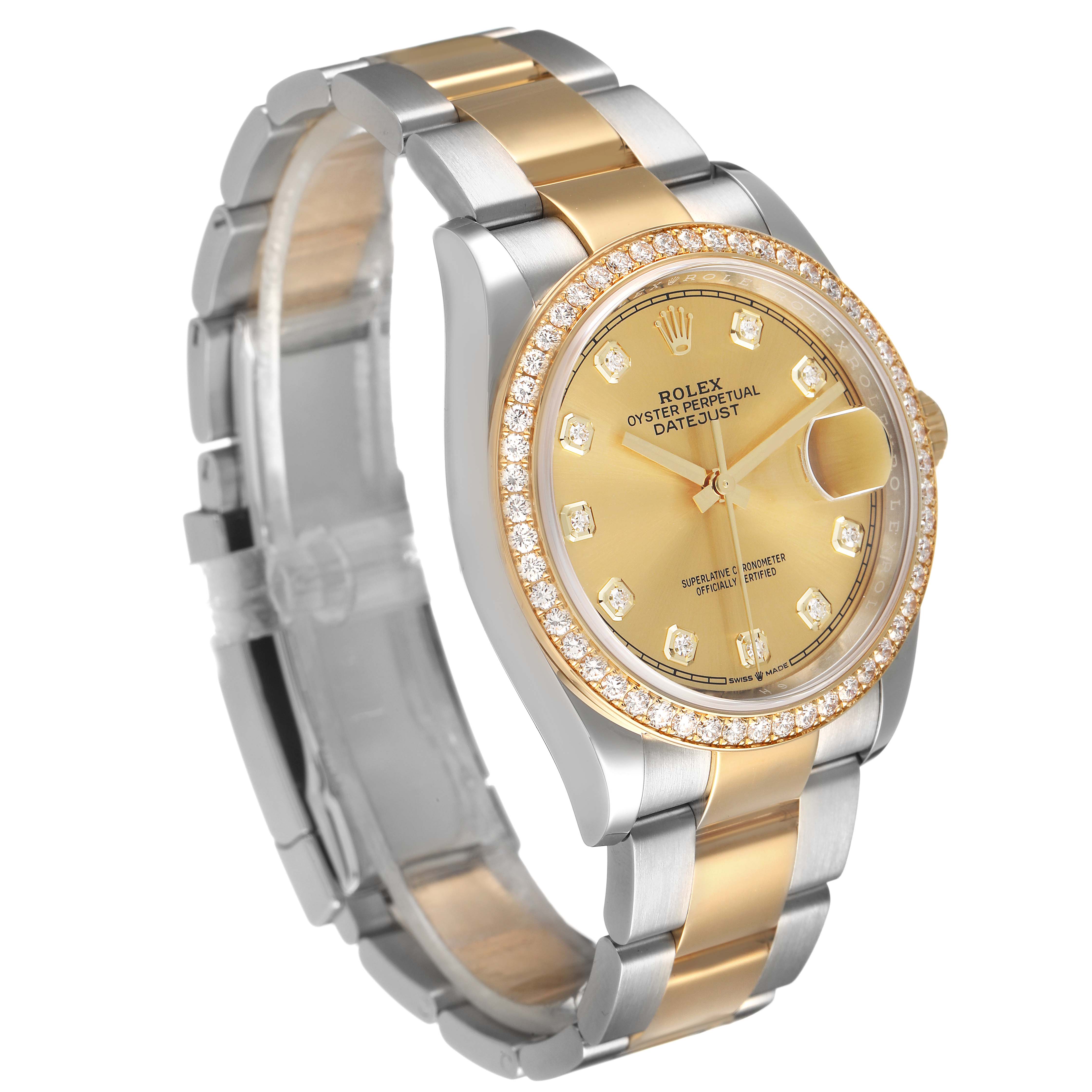 The Rolex Datejust 126283RBR Men's Steel and Gold (two tone) Champagne Dial watch is shown at a slight angle, highlighting the gold and silver bracelet and diamond-set bezel.