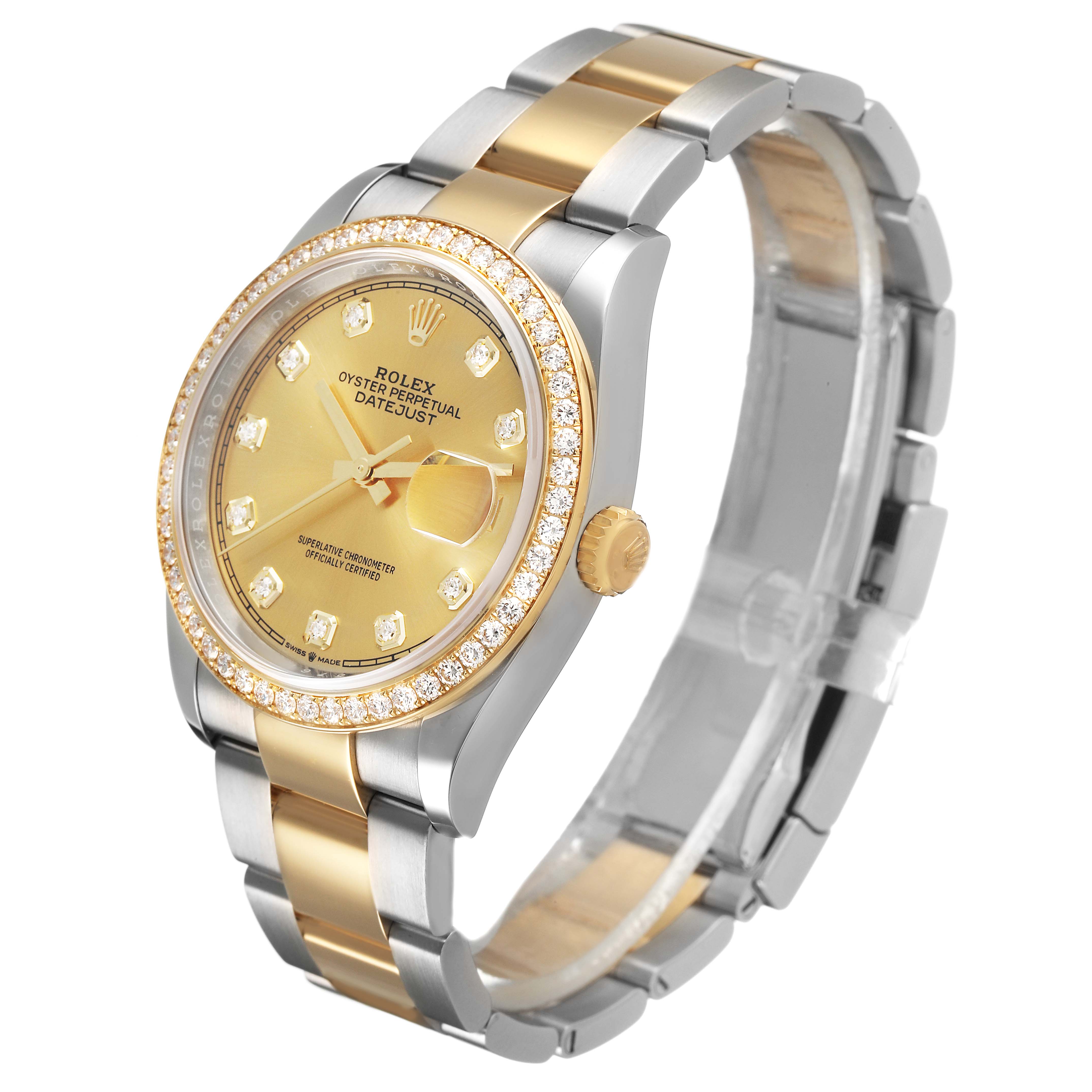 The Rolex Datejust 126283RBR Men's Steel and Gold (two tone) Champagne Dial watch is shown at a three-quarter angle, highlighting the bezel, dial, bracelet, and crown.