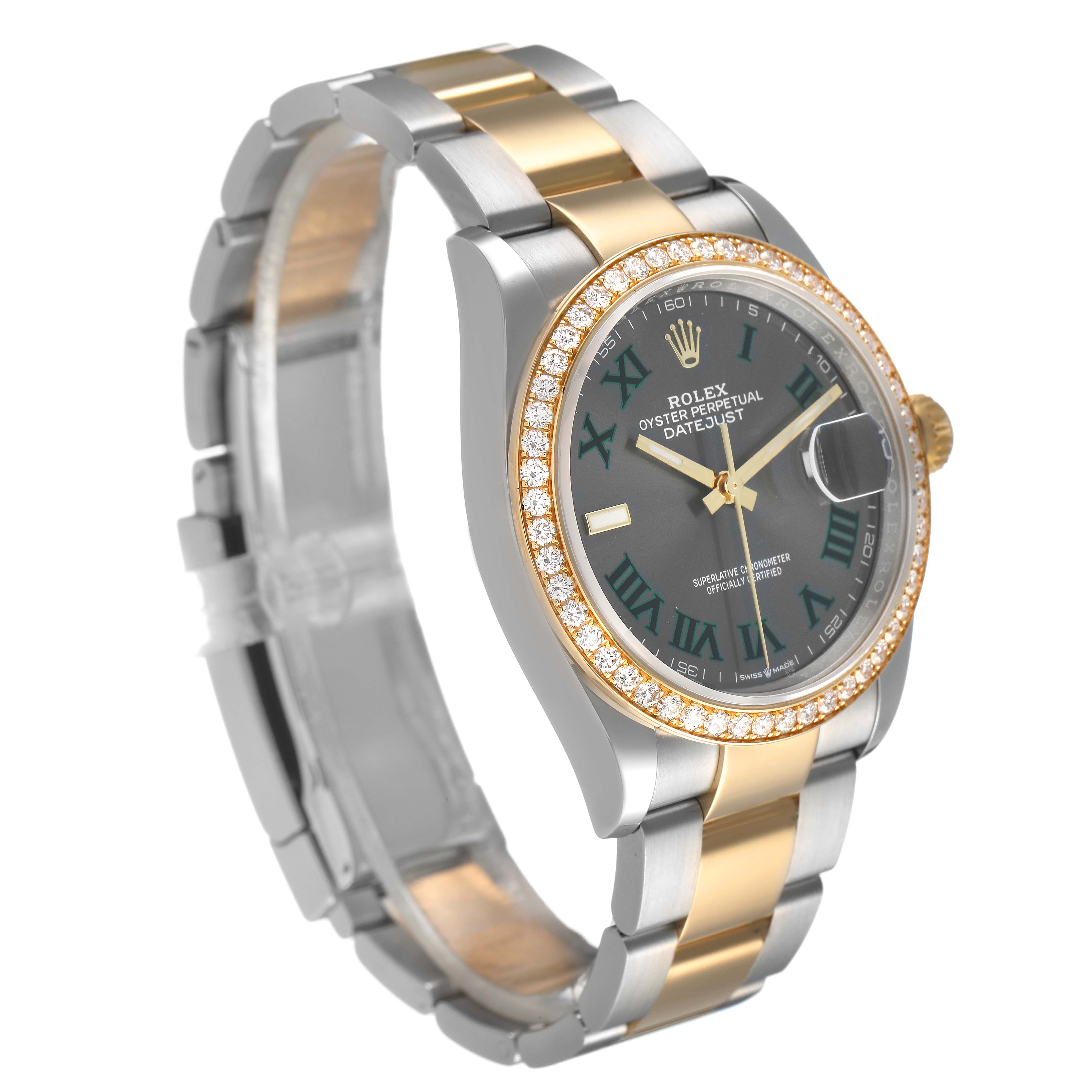 The Rolex Datejust 126283 Men's Steel and Gold (two tone) Grey Dial watch is shown at a three-quarter angle, highlighting its bracelet, bezel, and dial.