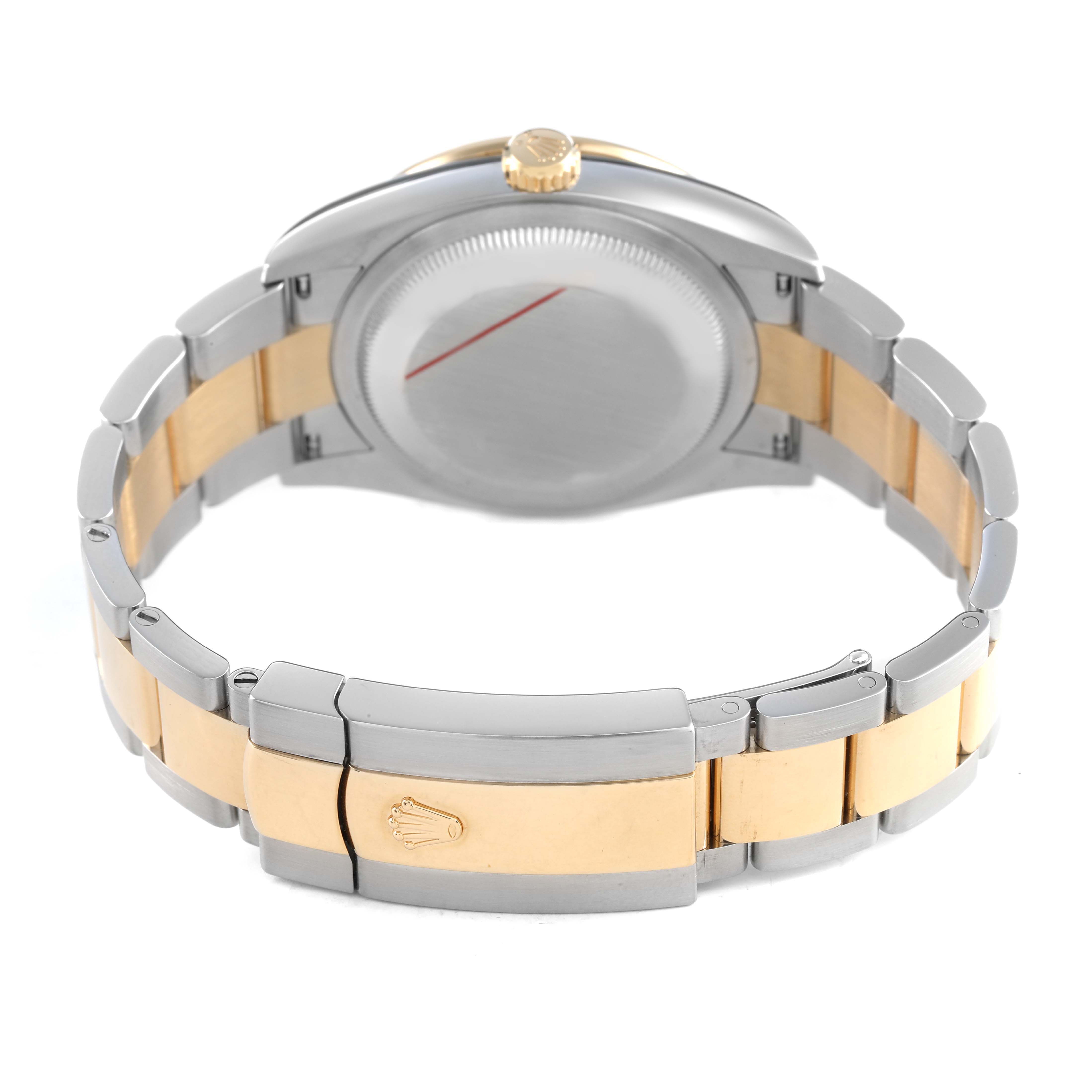 The image shows the back of a Rolex Datejust 126283 Men's Steel and Gold (two tone) Grey Dial, highlighting the bracelet clasp and case back.