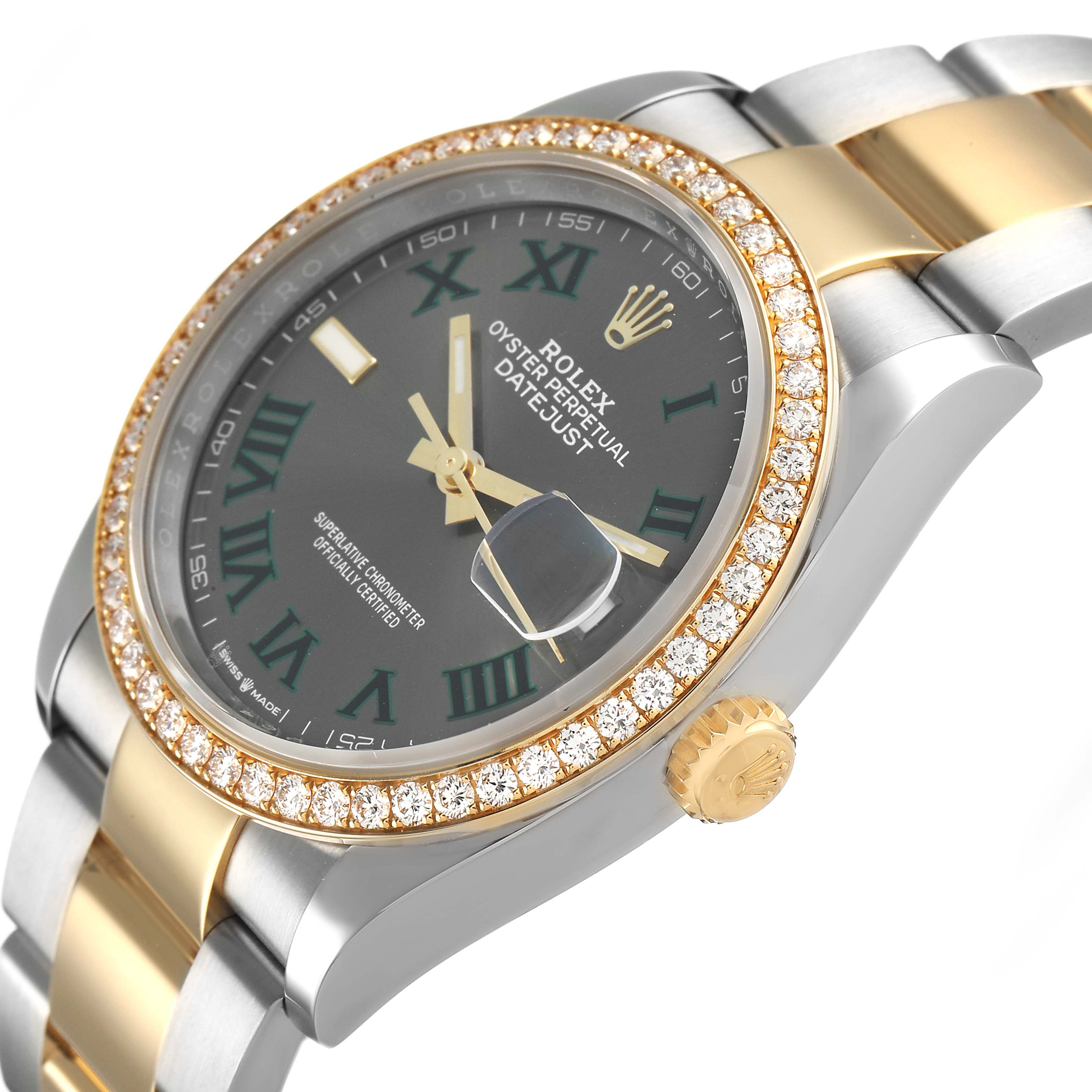 The Rolex Datejust 126283 Men's Steel and Gold (two tone) Grey Dial watch is shown at a three-quarter angle, highlighting its bezel, dial, and bracelet.