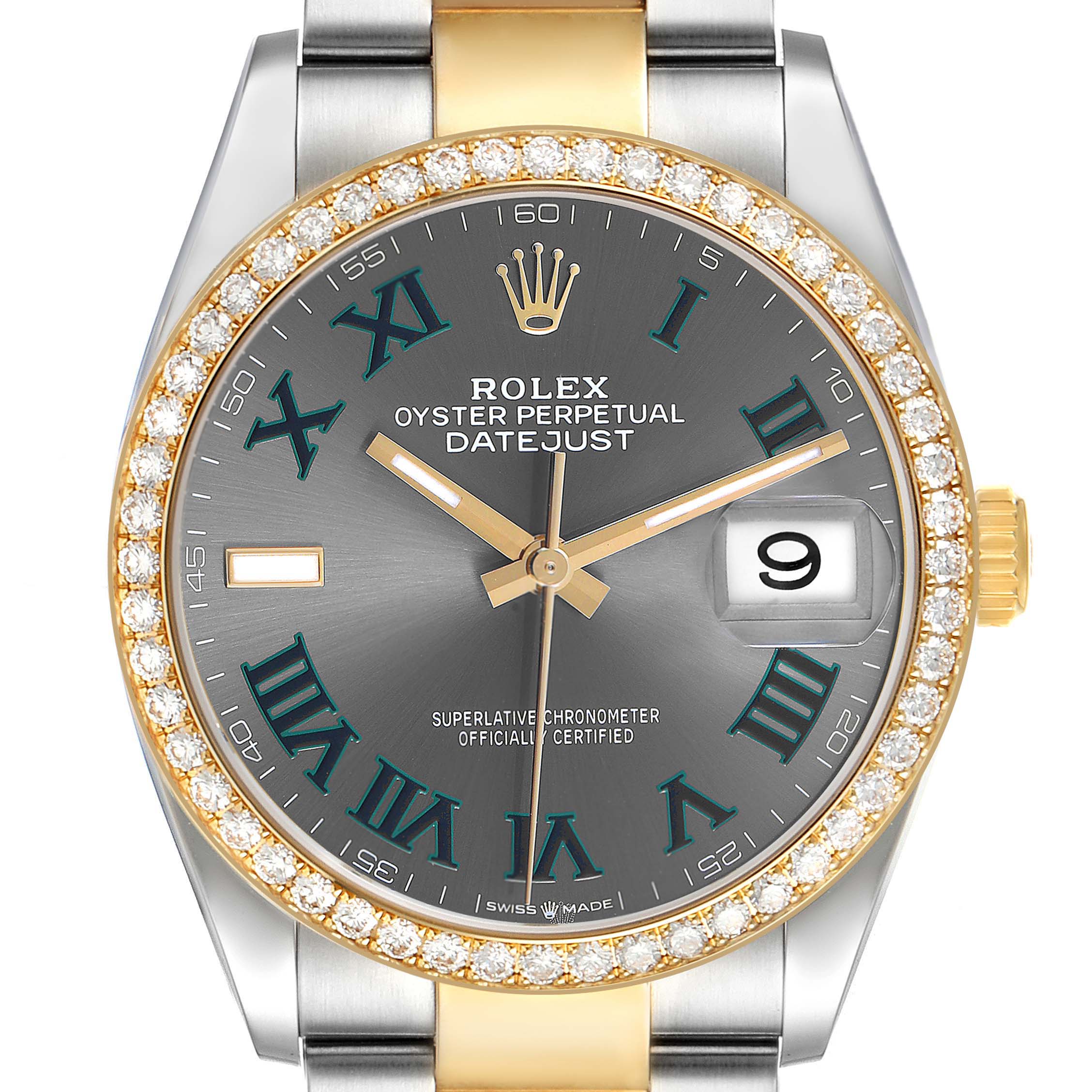 The Rolex Datejust 126283 Men's Steel and Gold (two tone) Grey Dial watch is shown from a top-down angle, highlighting the dial, diamond bezel, and two-tone bracelet.