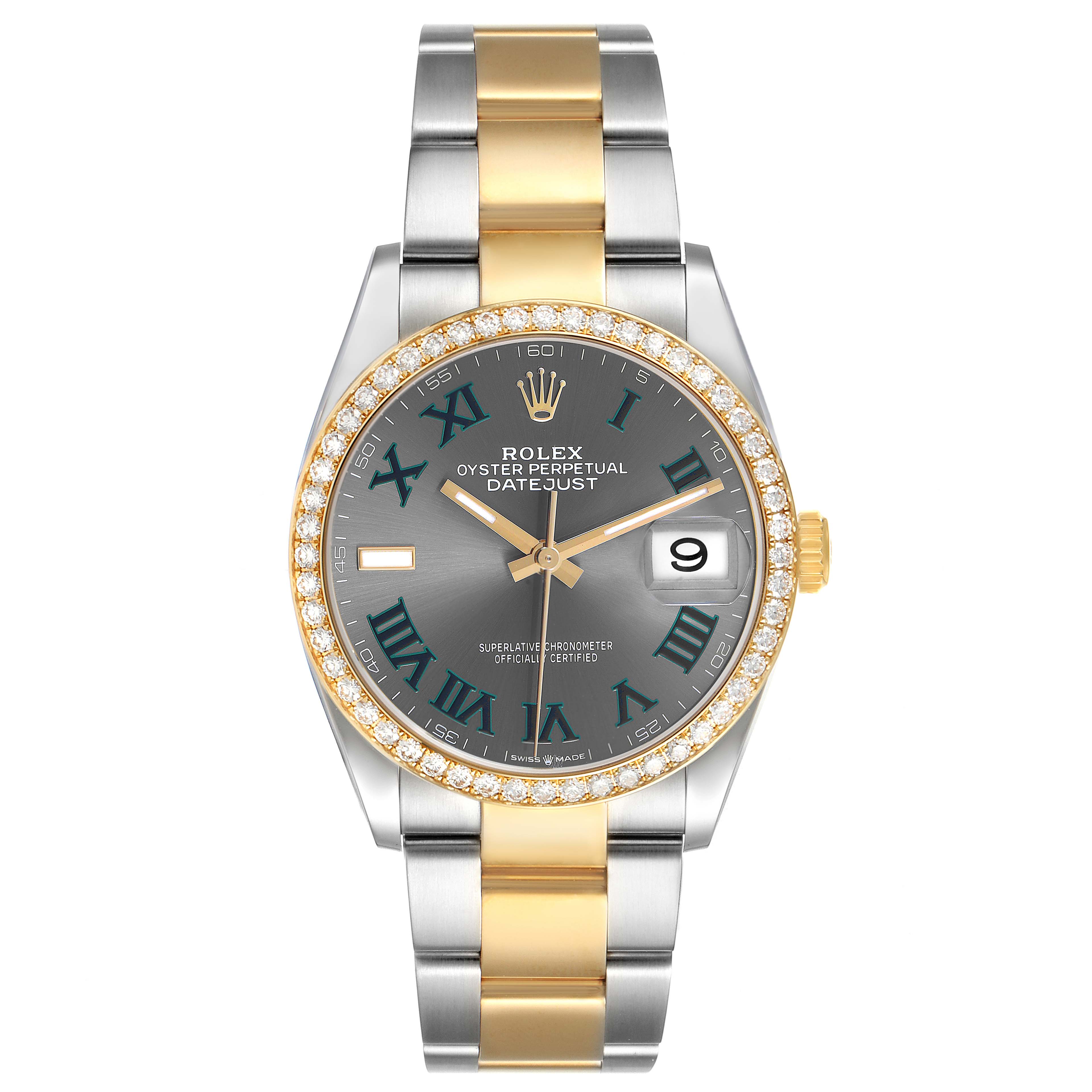 The Rolex Datejust 126283 Men's Steel and Gold (two tone) Grey Dial watch is shown from a front angle, highlighting the dial, bezel, and bracelet.