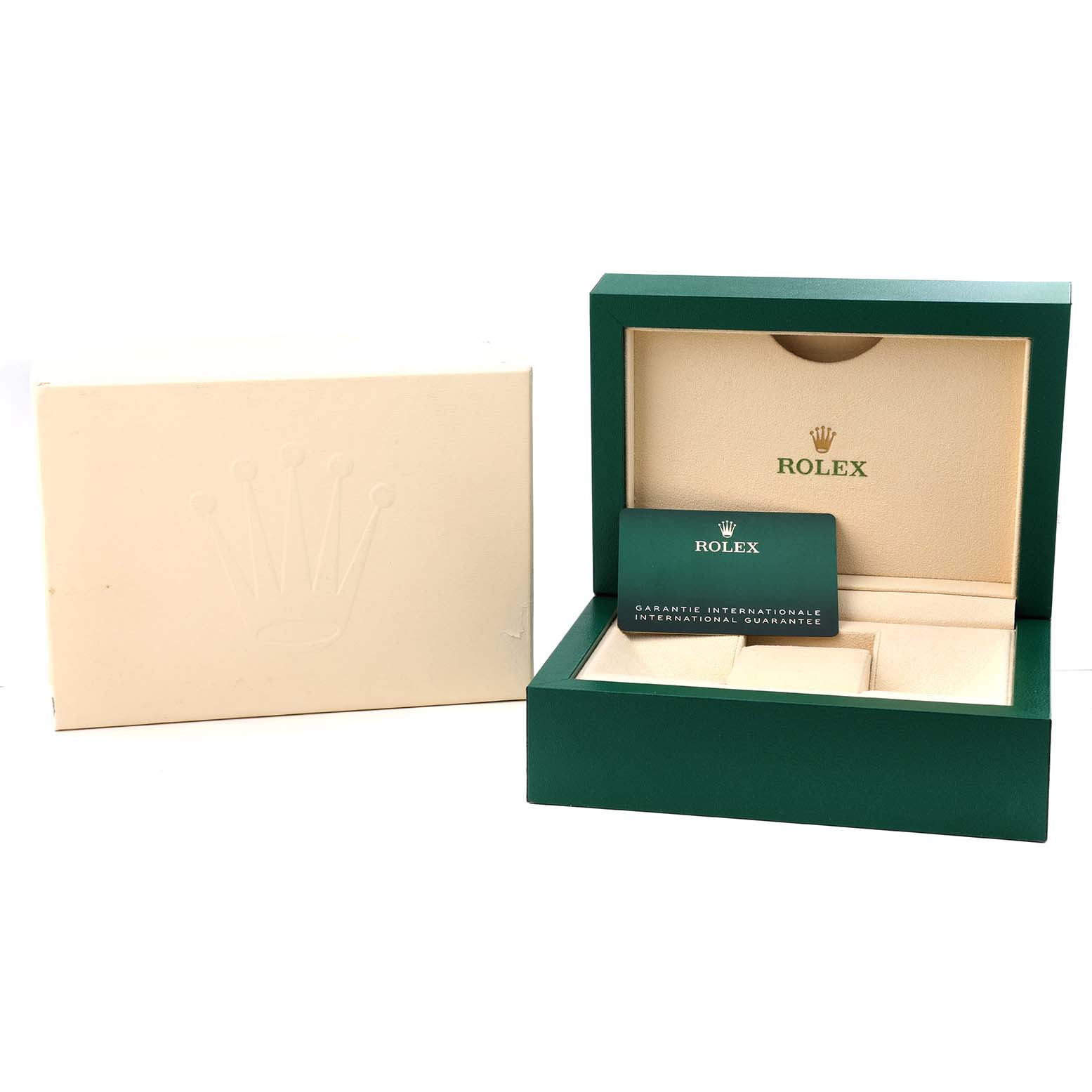 The image shows an open Rolex Datejust 126283 Men's Steel and Gold (two tone) Grey Dial box with an international guarantee card and an outer box beside it.