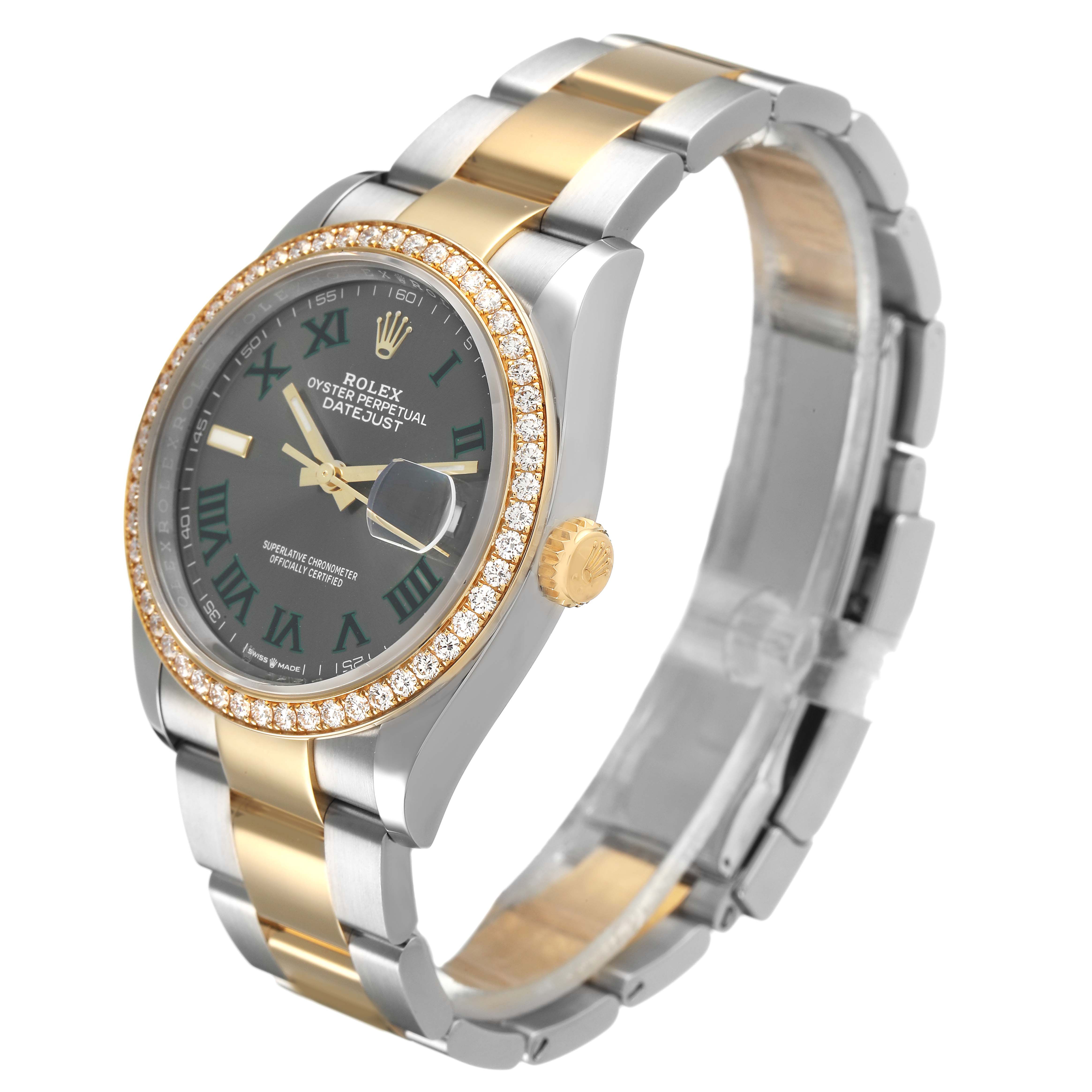 The Rolex Datejust 126283 Men's Steel and Gold (two tone) Grey Dial watch is shown at an angled side view, highlighting the bezel, face, crown, and bracelet.