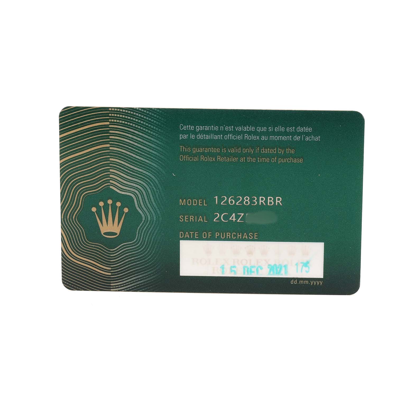 The image shows a warranty card for the Rolex Datejust 126283 Men's Steel and Gold (two tone) Grey Dial model, highlighting model and serial numbers.