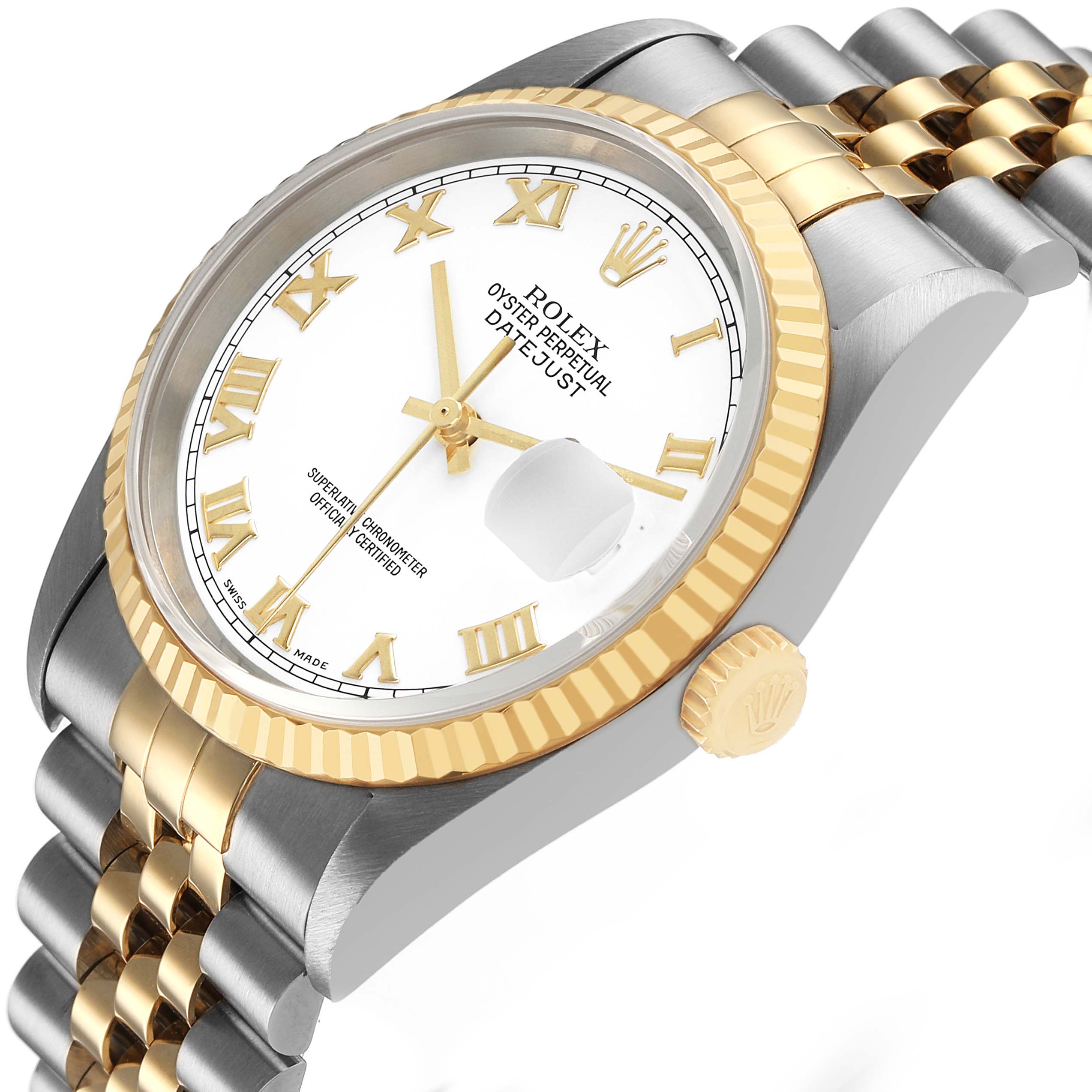 The Rolex Datejust 16233 Men's Stainless Steel White Dial watch is shown at a side angle, highlighting the bezel, crown, and part of the bracelet.