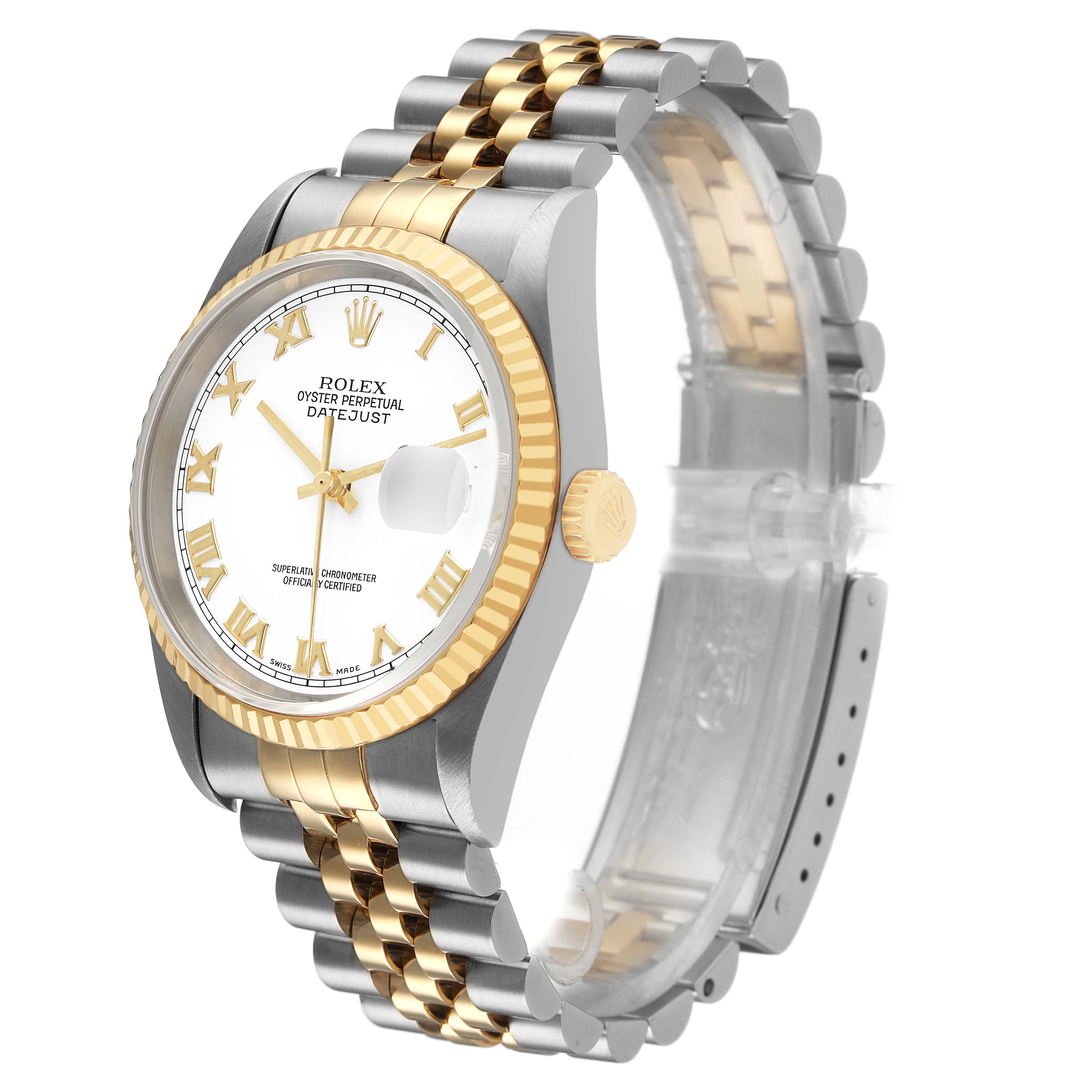 The Rolex Datejust 16233 Men's Stainless Steel White Dial watch is shown at a three-quarter angle, highlighting the dial, bezel, crown, and Jubilee bracelet.