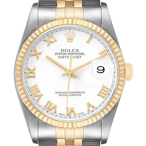 Photo of Rolex Datejust 36 White Roman Dial Steel Yellow Gold Mens Watch 16233
