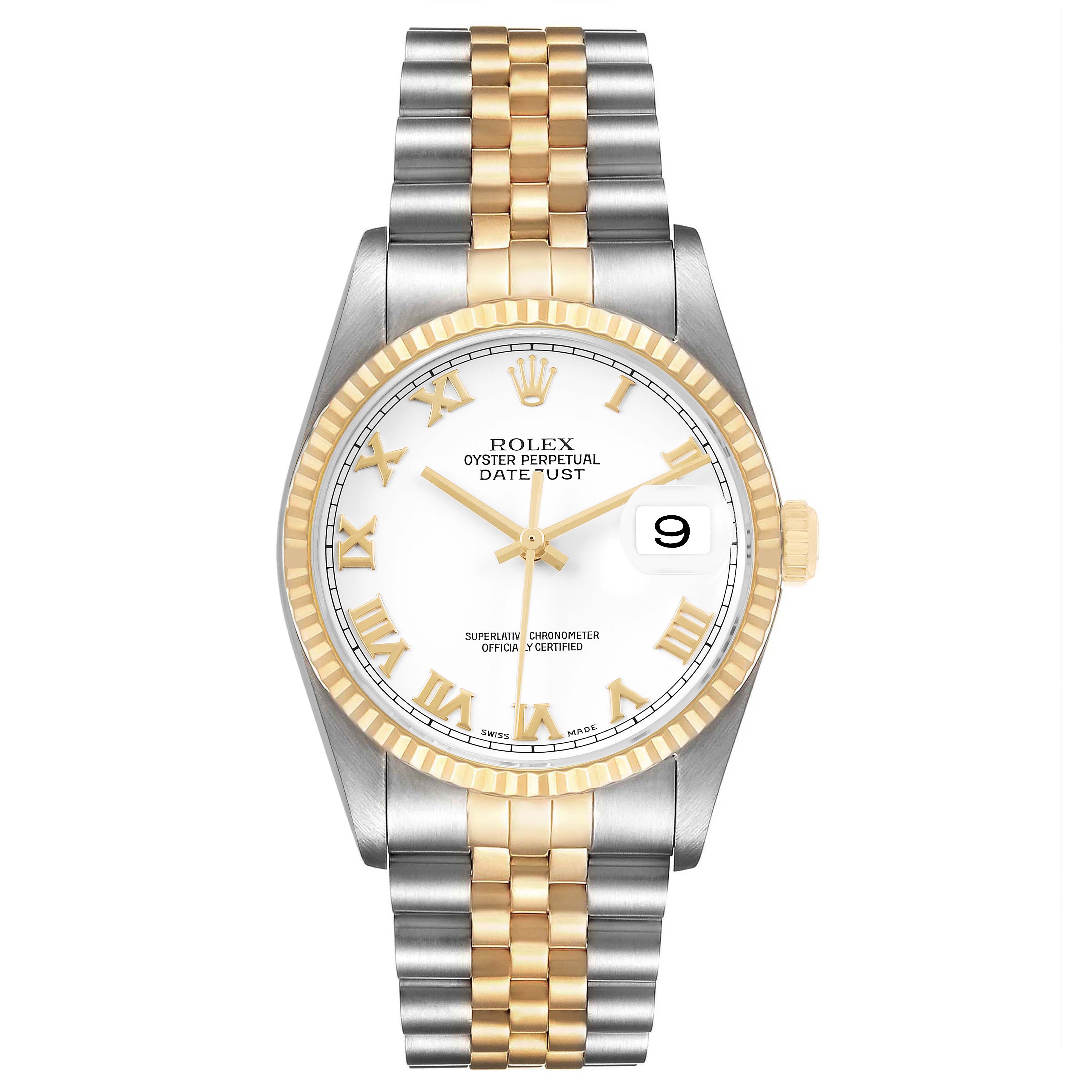 The Rolex Datejust 16233 Men's Stainless Steel White Dial watch is shown from a front view, highlighting the dial, fluted bezel, and two-tone bracelet.