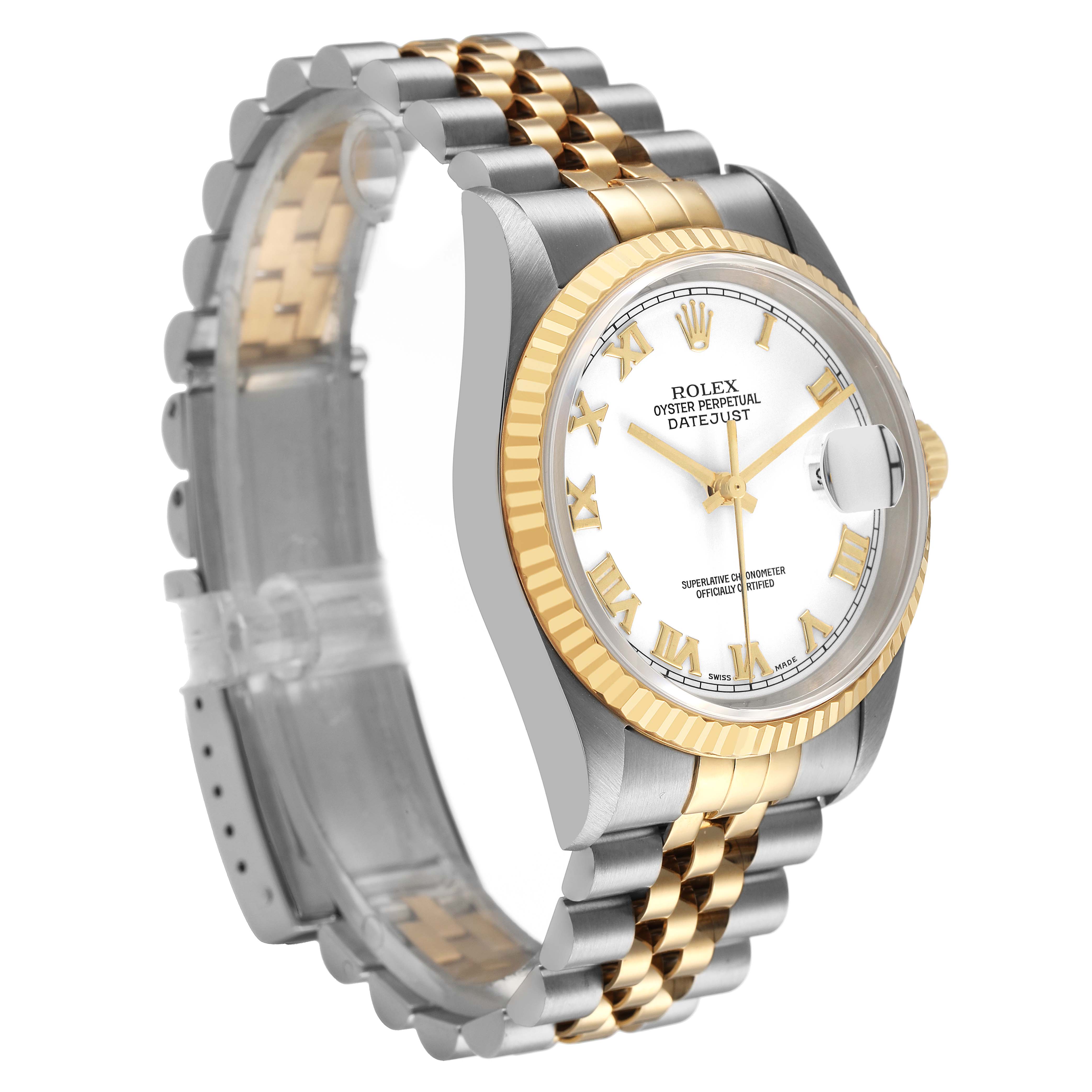 The image shows a Rolex Datejust 16233 Men's Stainless Steel White Dial watch at a slight angle, highlighting the dial, bezel, and two-tone bracelet.