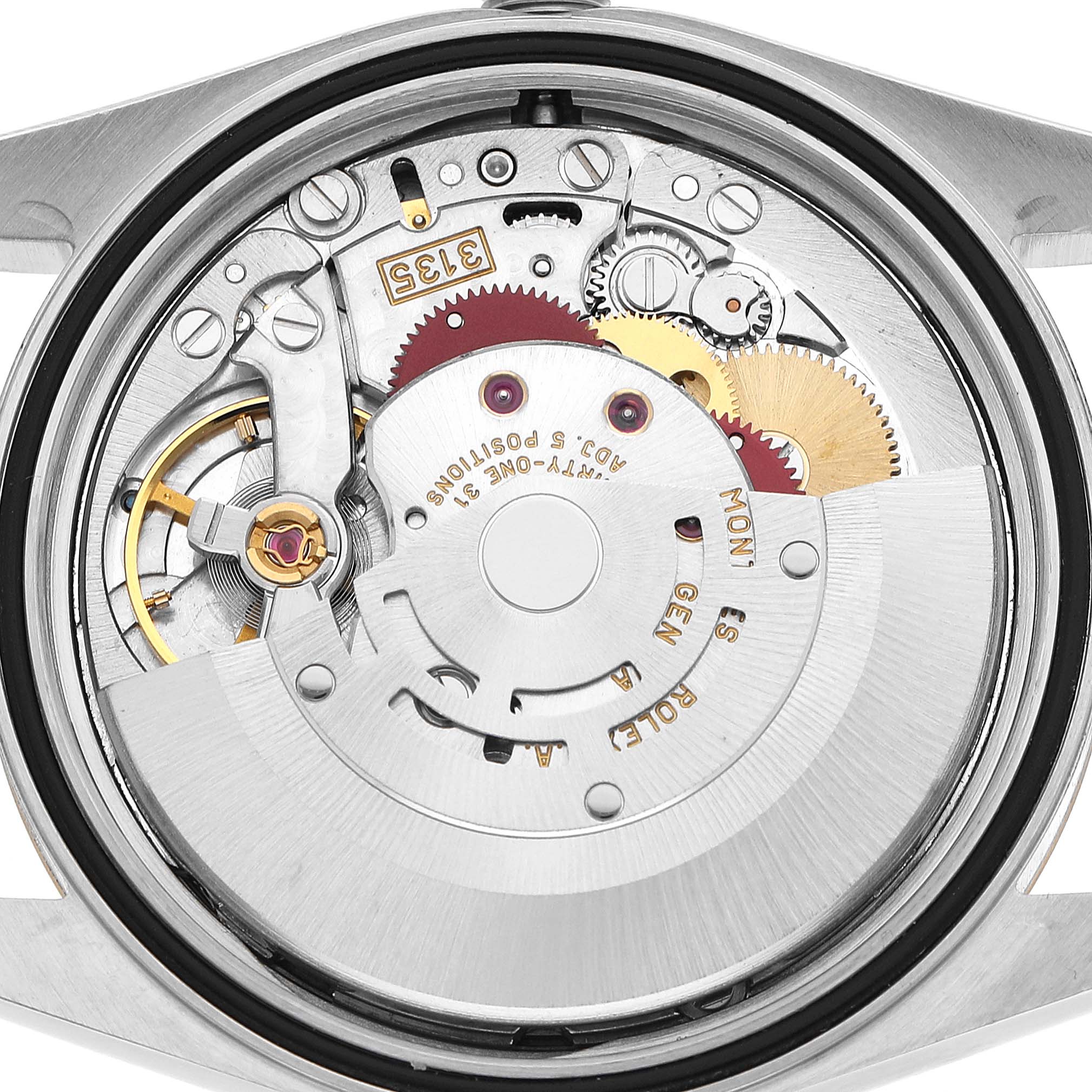 The image shows the internal mechanism of a Rolex Datejust 16233 Men's Stainless Steel White Dial, highlighting gears and movement components from the back.