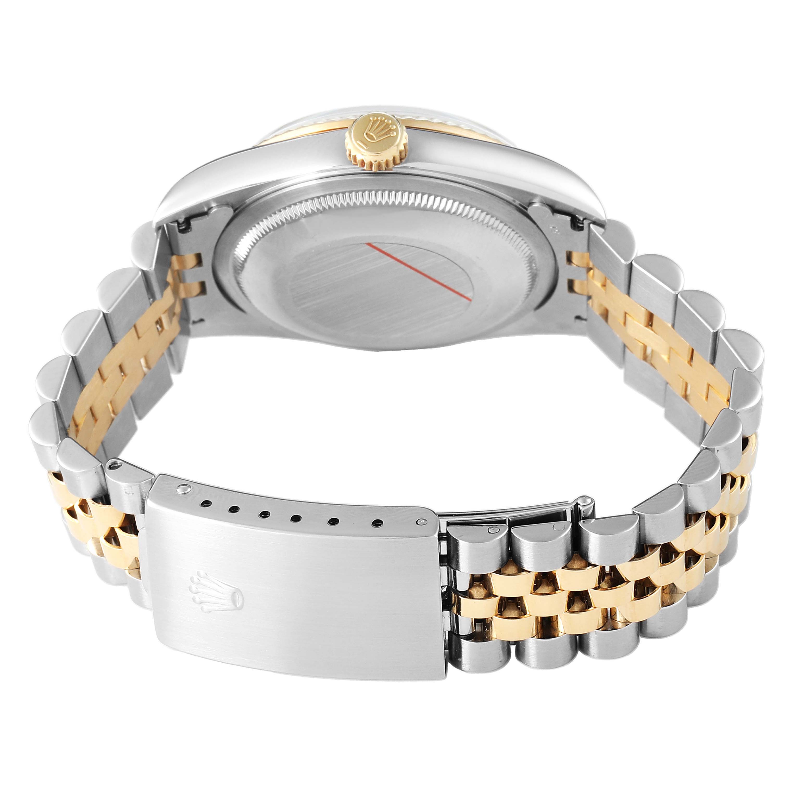 The image shows a Rolex Datejust 16233 Men's Stainless Steel White Dial from a rear angle, highlighting the two-tone band, clasp, and case back.