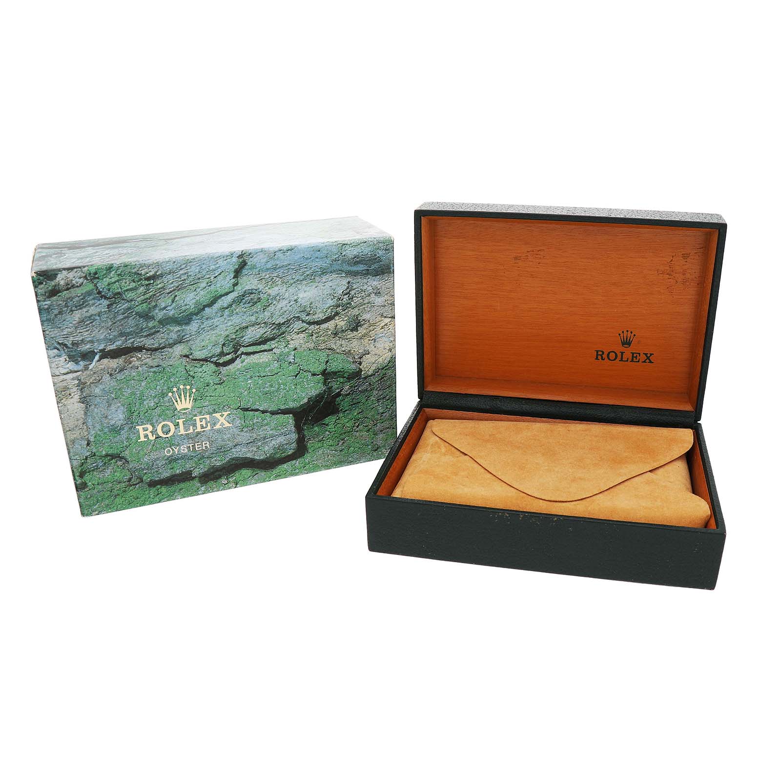 The image shows the packaging for a Rolex Datejust 16233 Men's Stainless Steel White Dial, including a textured outer box and an opened inner box with a suede pouch.