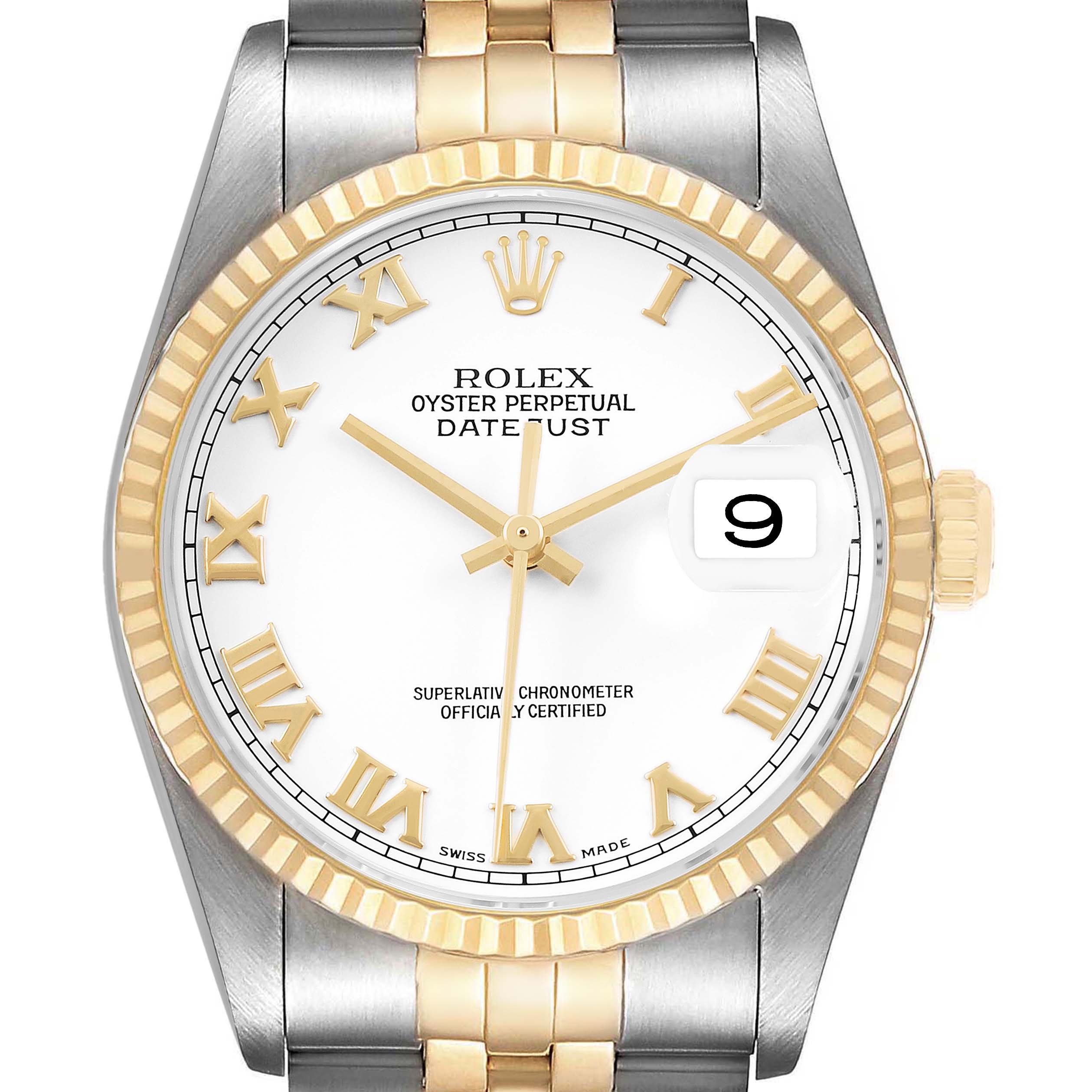 The Rolex Datejust 16233 Men's Stainless Steel White Dial watch is shown from a front view, highlighting the dial, bezel, and part of the bracelet.