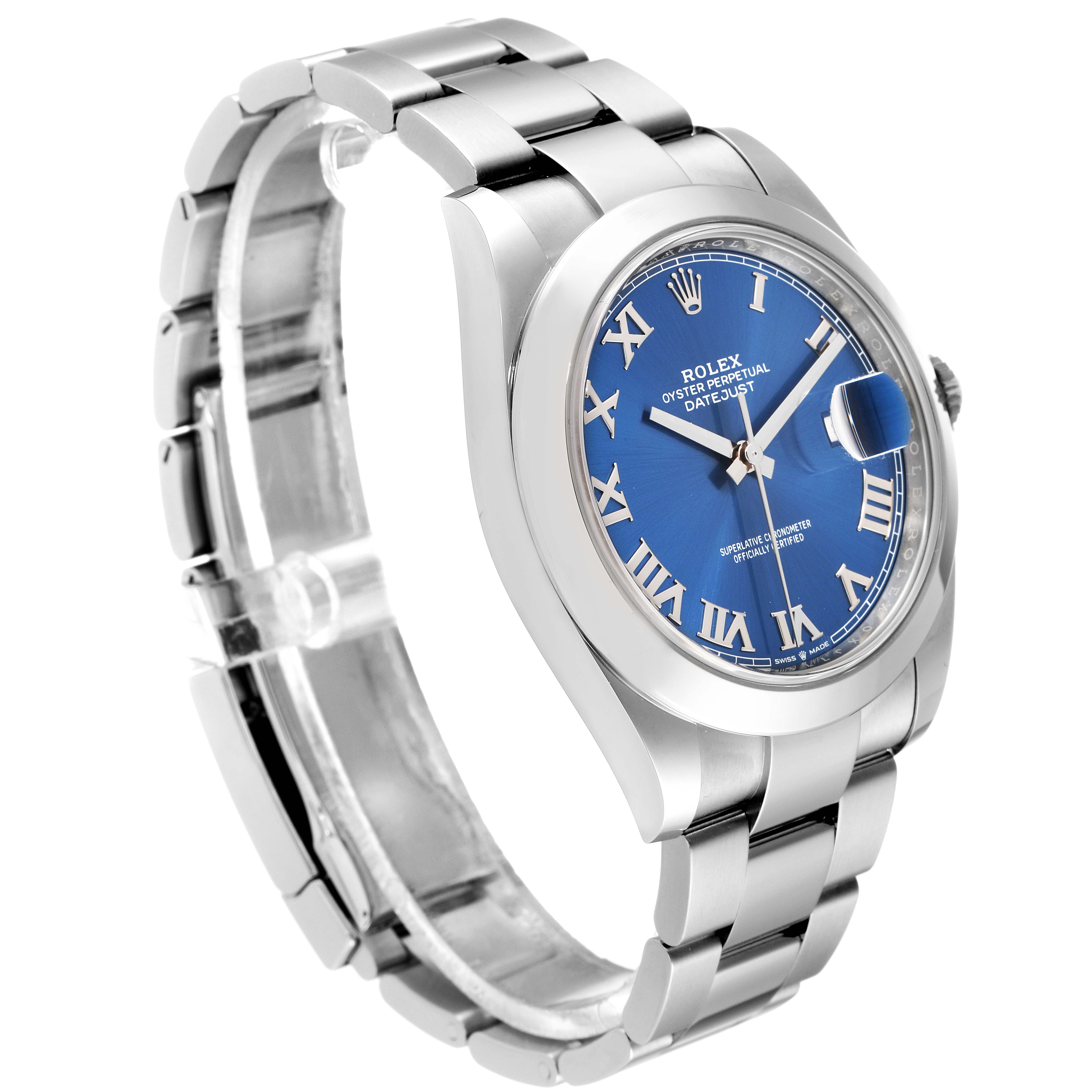 The Rolex Datejust 41 126300 Men's Stainless Steel Blue Dial 126300 Men's Stainless Steel Blue Dial watch is shown at a three-quarter angle, displaying the watch face, case, and bracelet.