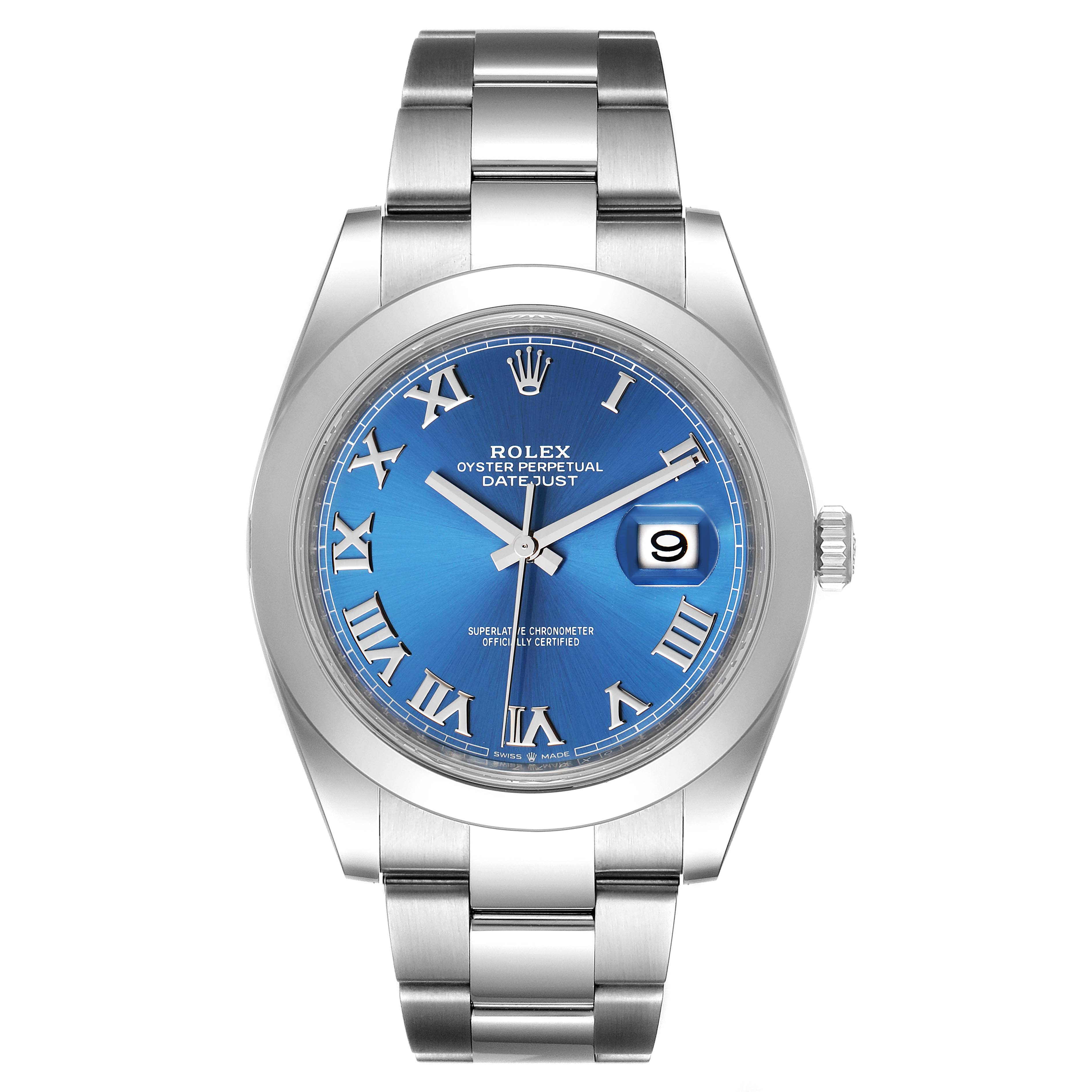 The image shows a frontal view of a Rolex Datejust 41 126300 Men's Stainless Steel Blue Dial 126300 Men's Stainless Steel Blue Dial watch with a blue dial and Roman numerals.