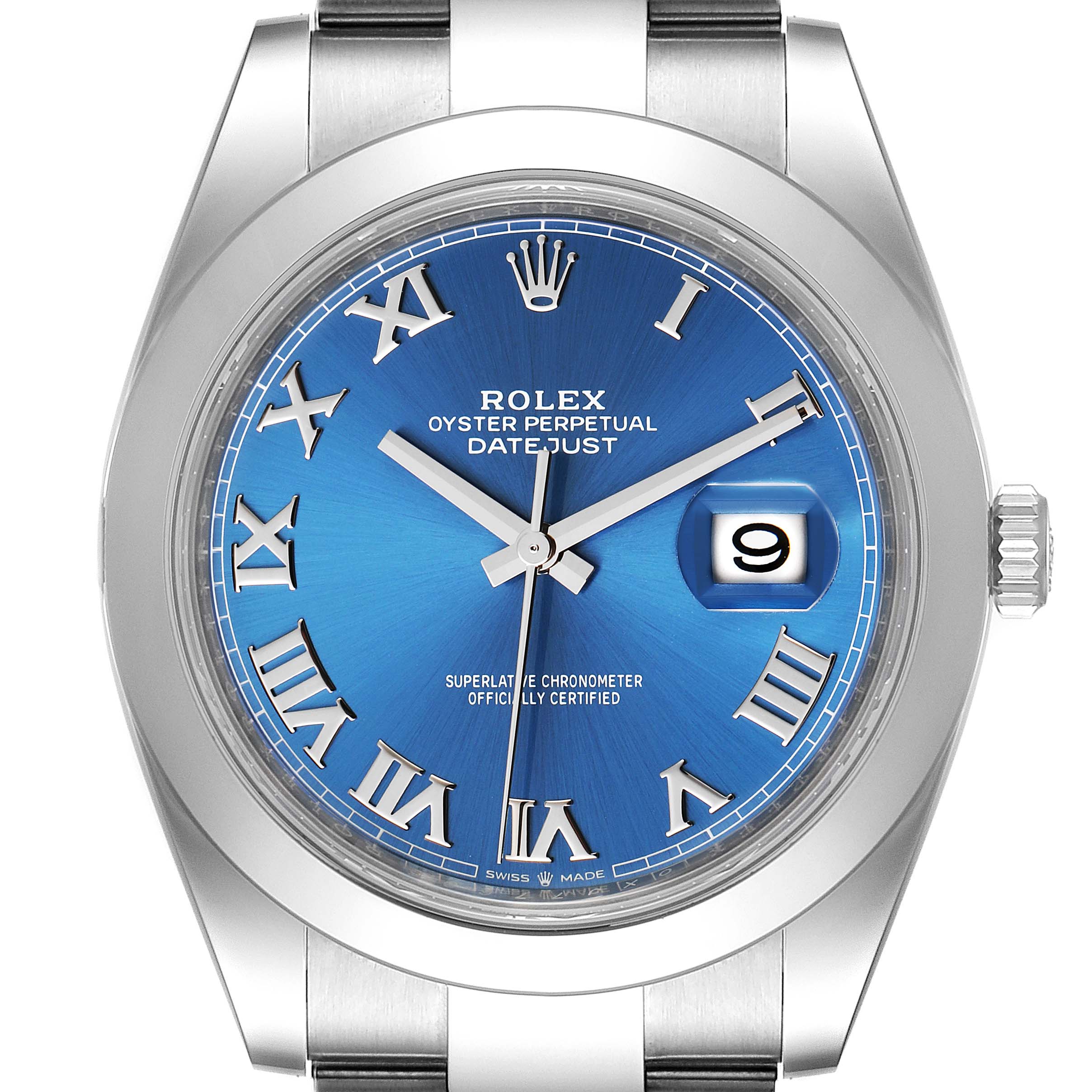 This image shows a straight-on view of the Rolex Datejust 41 126300 Men's Stainless Steel Blue Dial 126300 Men's Stainless Steel Blue Dial with a blue dial, Roman numerals, and a visible date window.