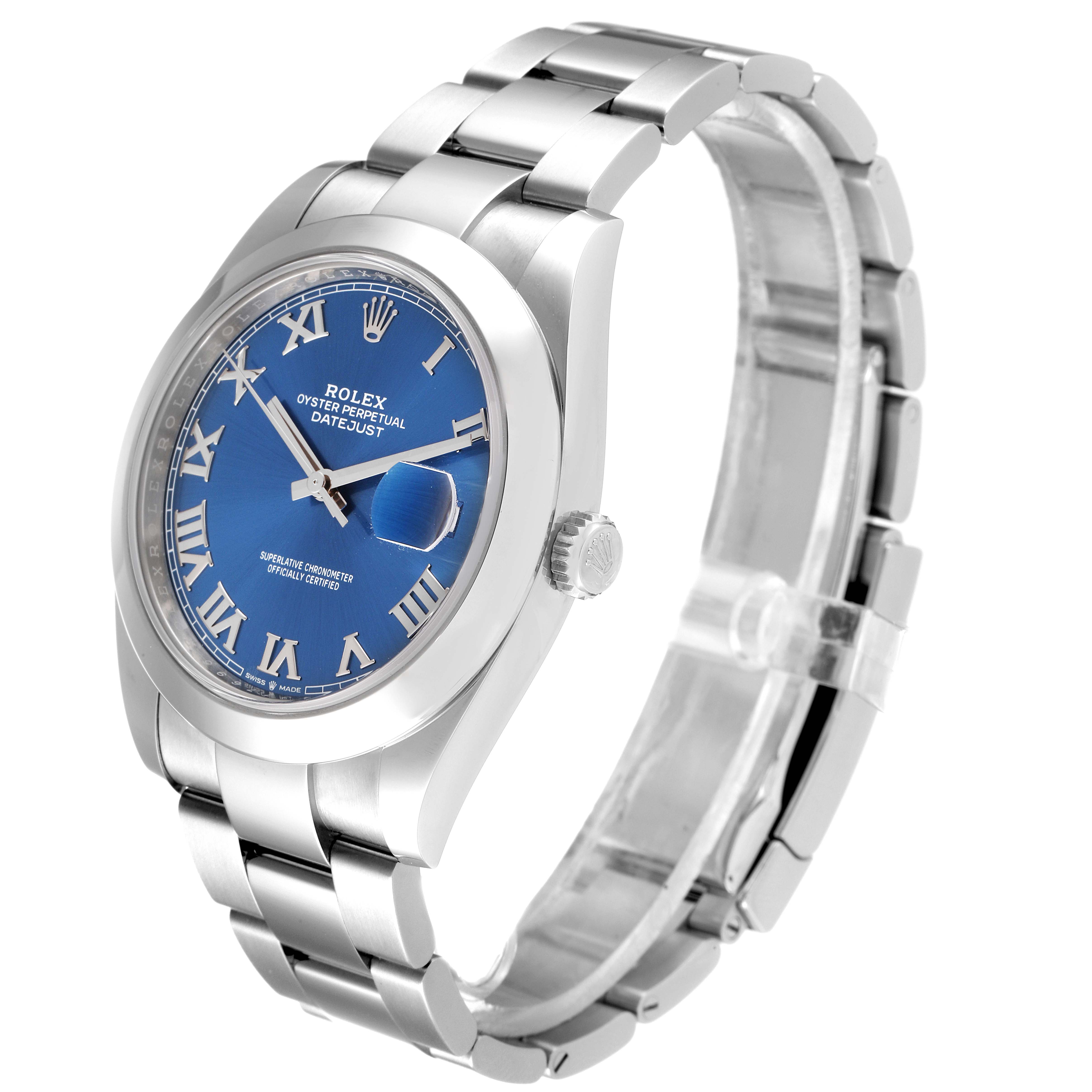 The Rolex Datejust 41 126300 Men's Stainless Steel Blue Dial 126300 Men's Stainless Steel Blue Dial watch is shown at a slight angle from above, displaying its blue dial, Roman numerals, and stainless steel bracelet.