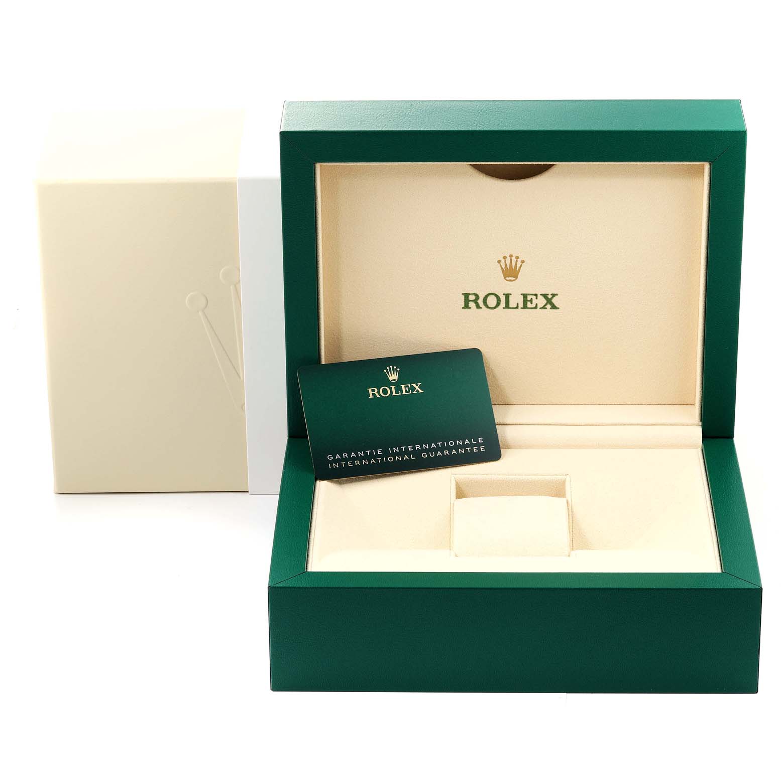 This image shows the open presentation box and international guarantee card for the Rolex Datejust 41 126300 Men's Stainless Steel Blue Dial 126300 Men's Stainless Steel Blue Dial model.