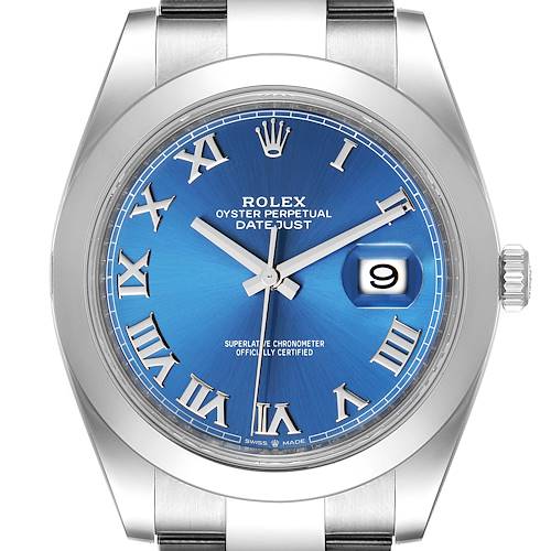 Photo of Rolex Datejust 41 Blue Roman Dial Steel Mens Watch 126300 Box Card