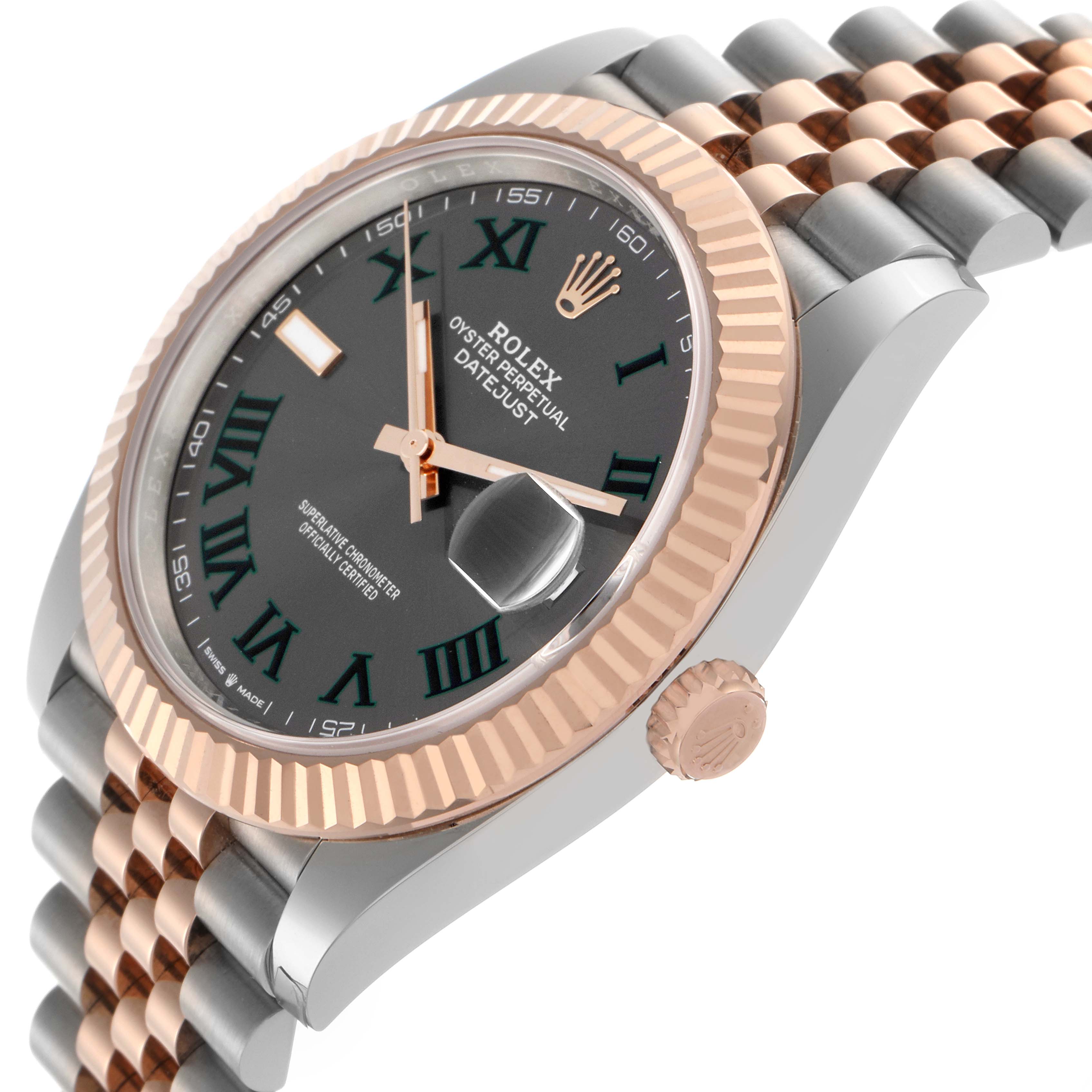 The Rolex Datejust 41 126331 Men
s Steel and Gold (two tone) Grey Dial 126331 Men
s Steel and Gold (two tone) Grey Dial watch is shown at an angle highlighting the crown, face, bezel, and bracelet.