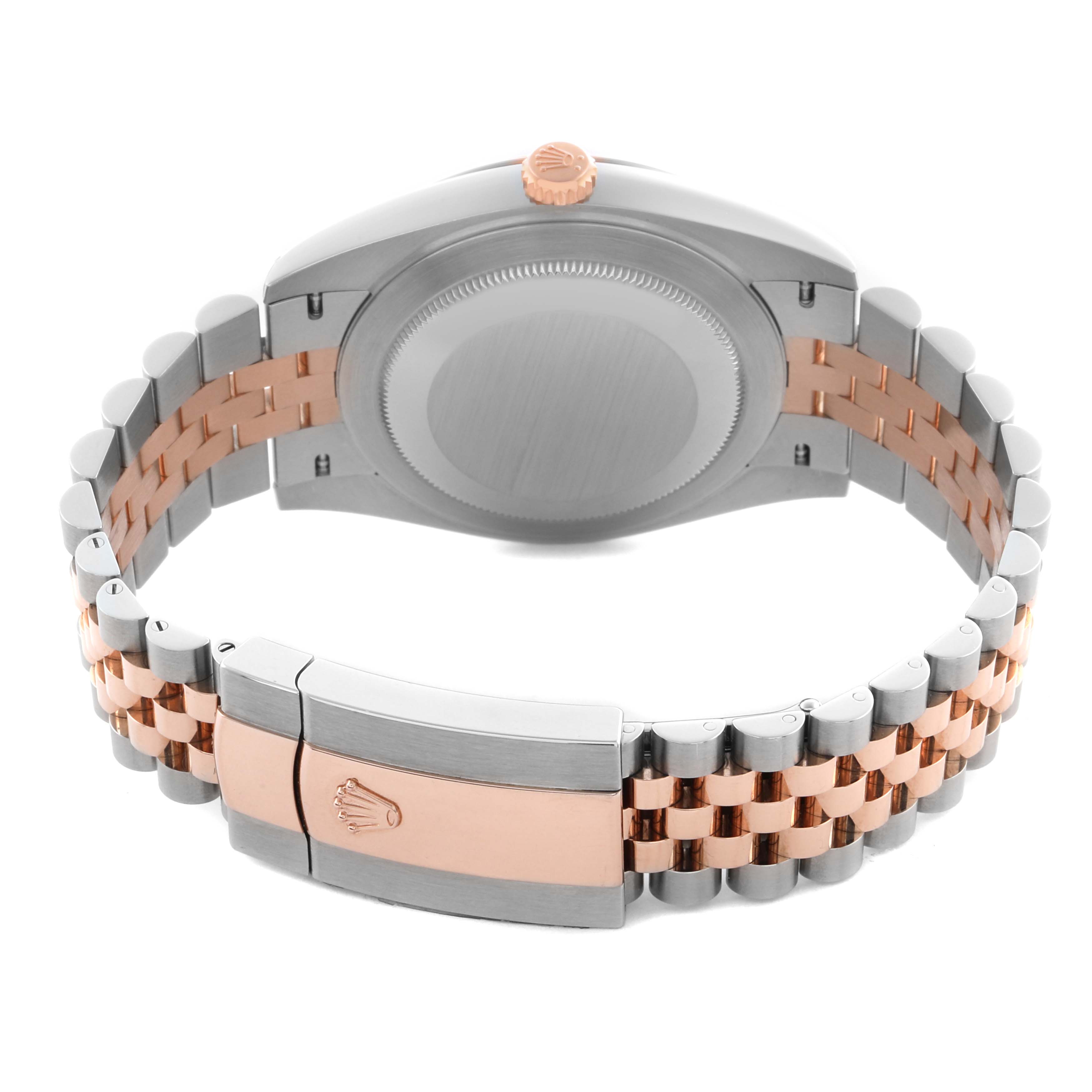 The Rolex Datejust 41 126331 Men
s Steel and Gold (two tone) Grey Dial 126331 Men
s Steel and Gold (two tone) Grey Dial is shown from the back, highlighting the case back, jubilee bracelet, and clasp.