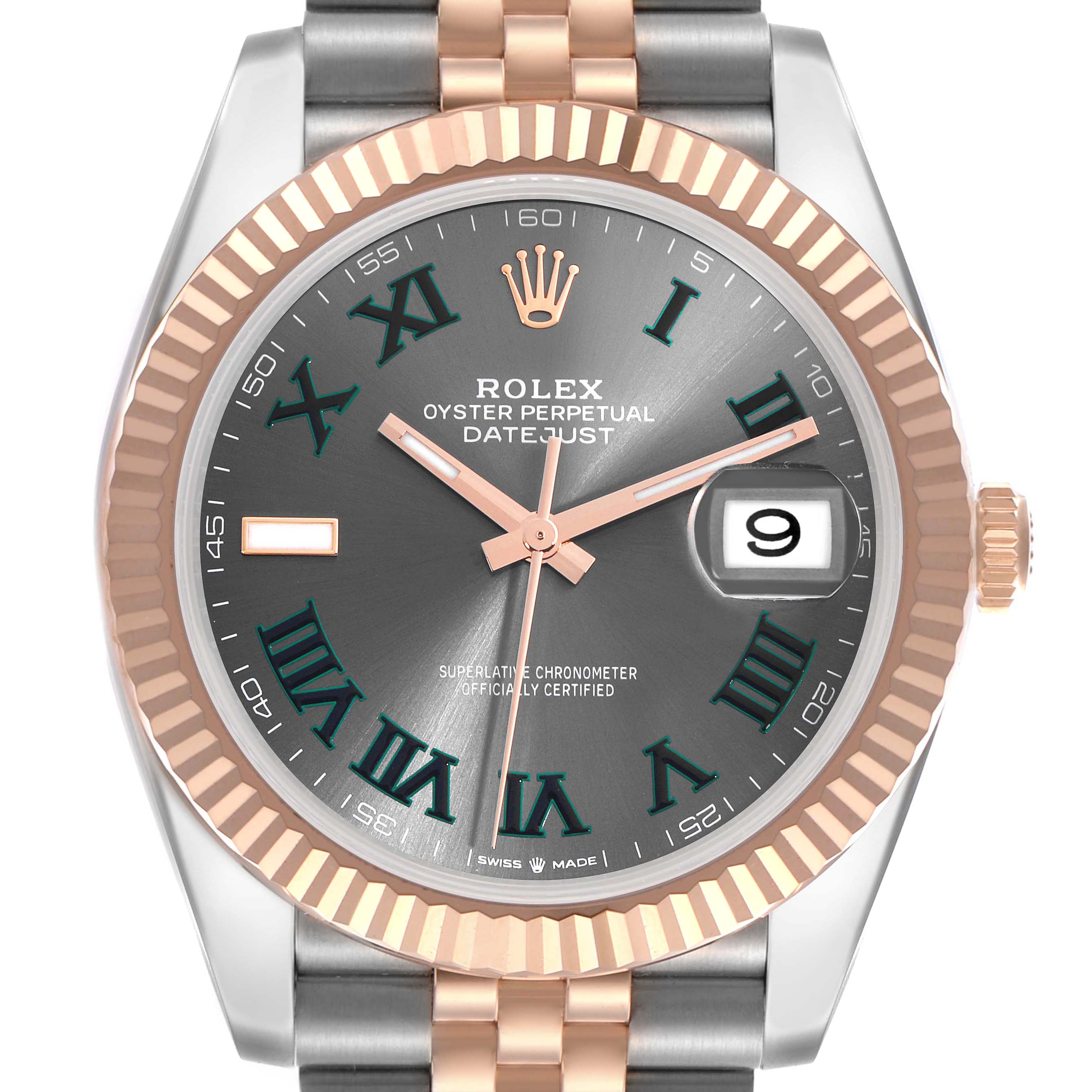The Rolex Datejust 41 126331 Men
s Steel and Gold (two tone) Grey Dial 126331 Men
s Steel and Gold (two tone) Grey Dial is shown from a front view, highlighting the dial, fluted bezel, and part of the bracelet.