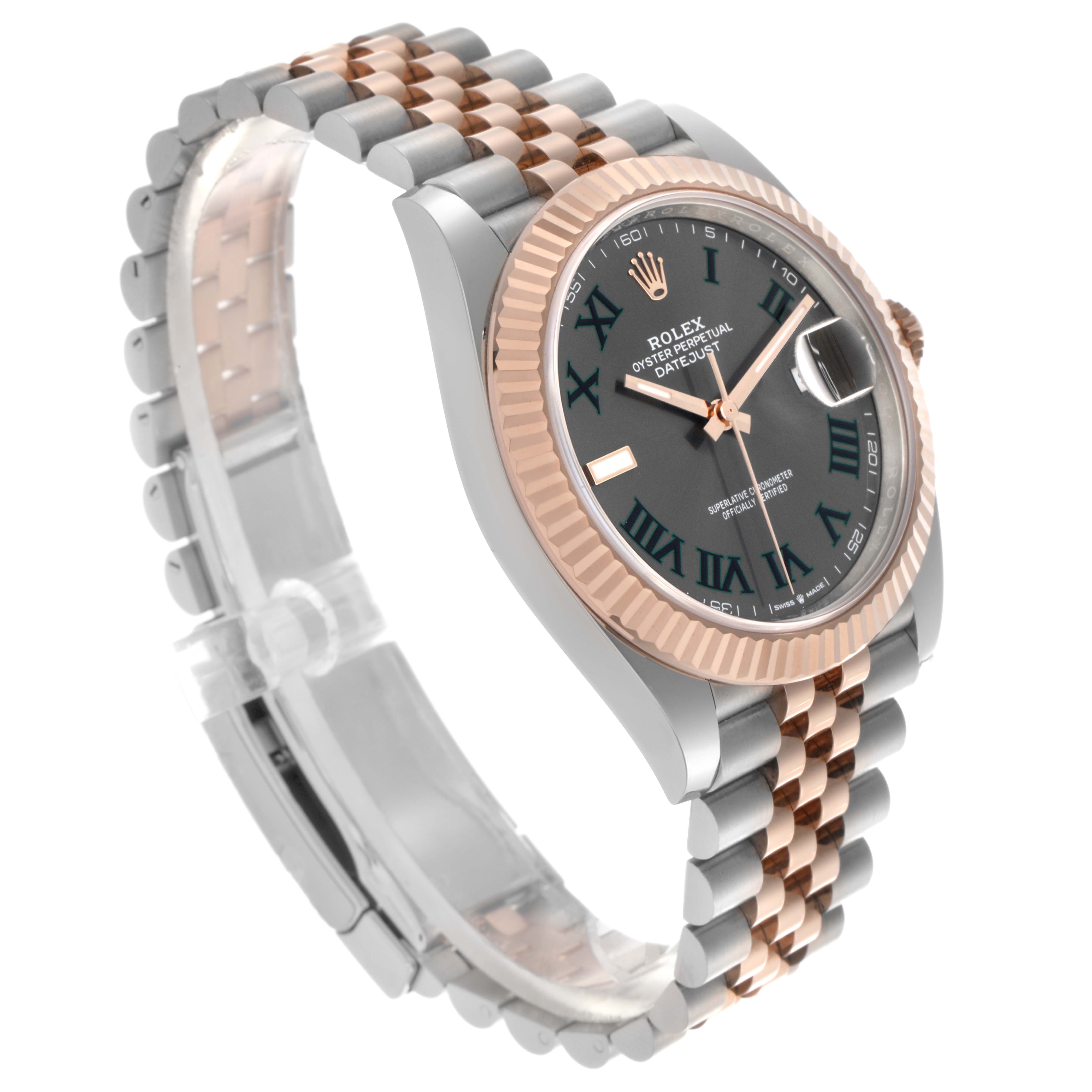 The Rolex Datejust 41 126331 Men
s Steel and Gold (two tone) Grey Dial 126331 Men
s Steel and Gold (two tone) Grey Dial is shown at a three-quarter angle, highlighting the fluted bezel, two-tone bracelet, and watch face with Roman numerals.