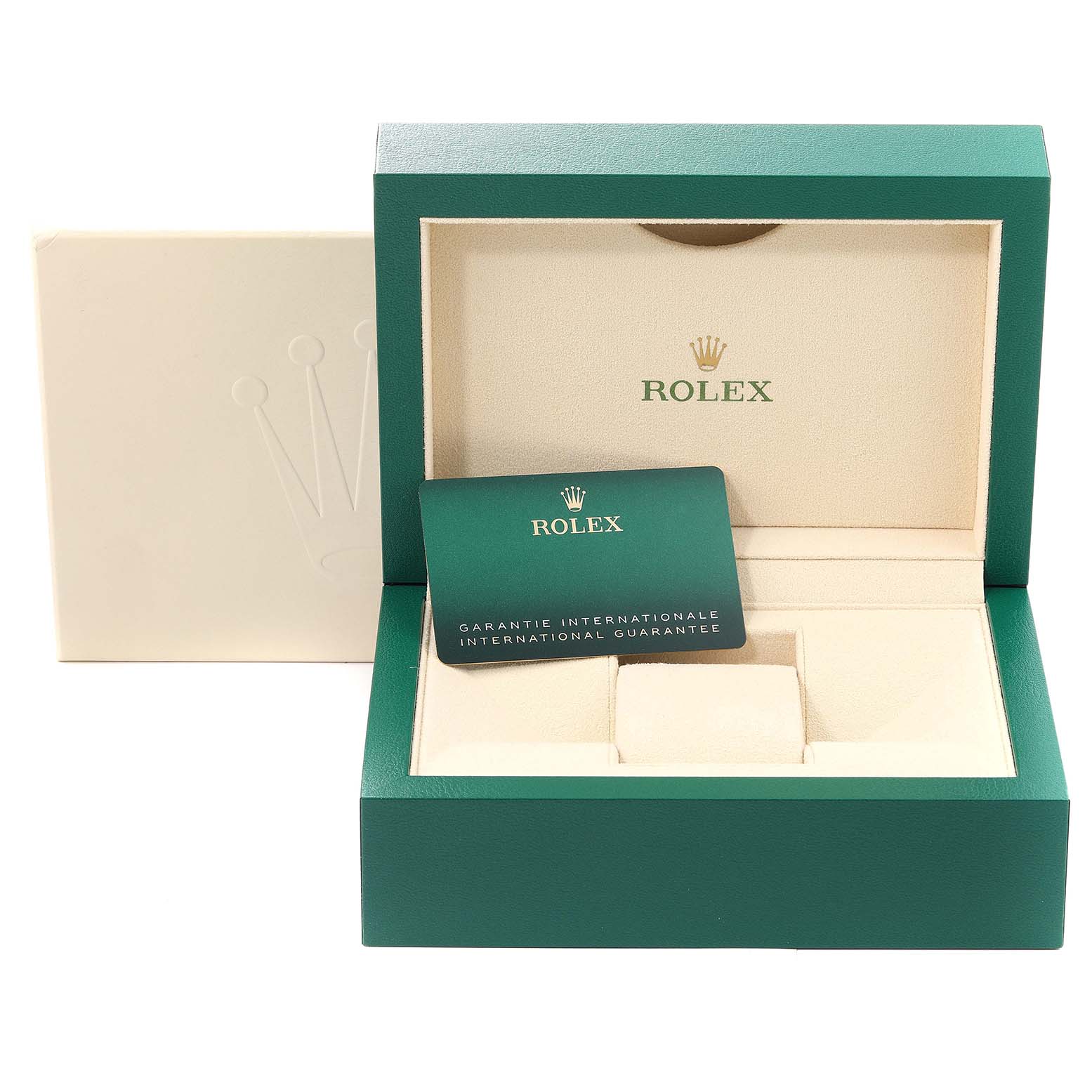 The image shows an open Rolex Datejust 41 126334 Men
s Stainless Steel Grey Dial 126334 Men
s Stainless Steel Grey Dial watch box with an International Guarantee card inside.