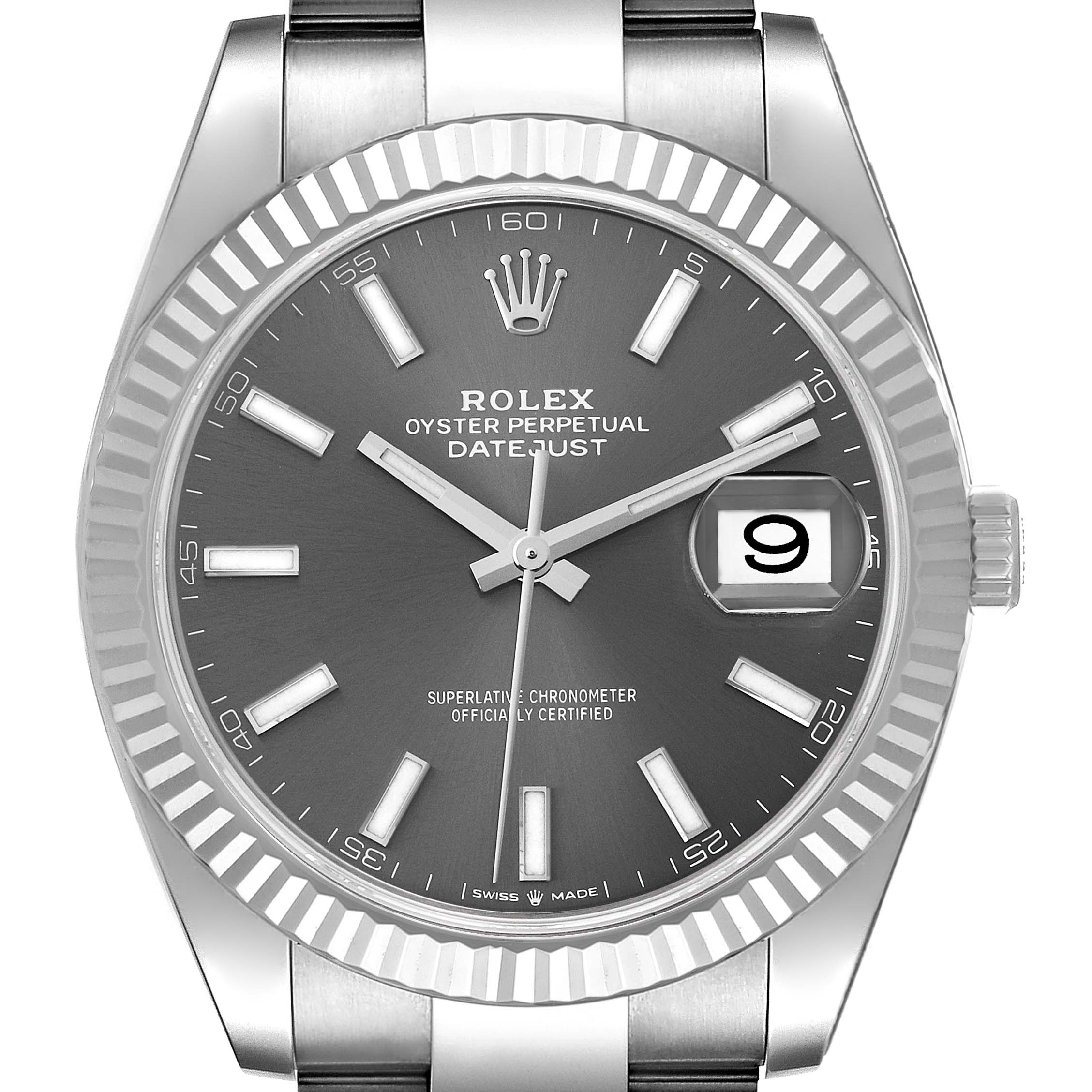 This image shows a front view of a Rolex Datejust 41 126334 Men
s Stainless Steel Grey Dial 126334 Men
s Stainless Steel Grey Dial watch, featuring its dial, hour markers, hands, date window, and fluted bezel.
