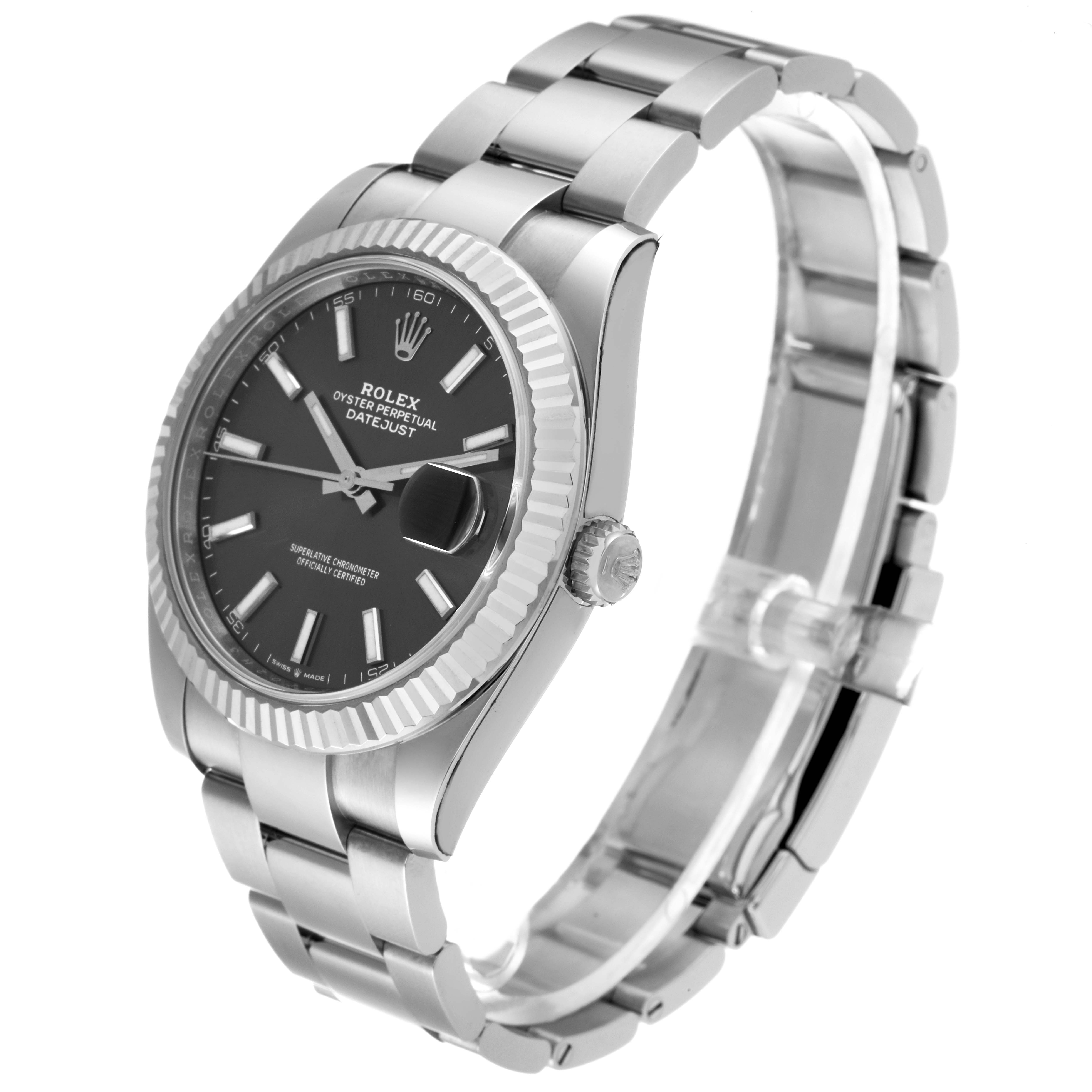 The Rolex Datejust 41 126334 Men
s Stainless Steel Grey Dial 126334 Men
s Stainless Steel Grey Dial watch is shown at a three-quarter angle, displaying the face, crown, and part of the bracelet.