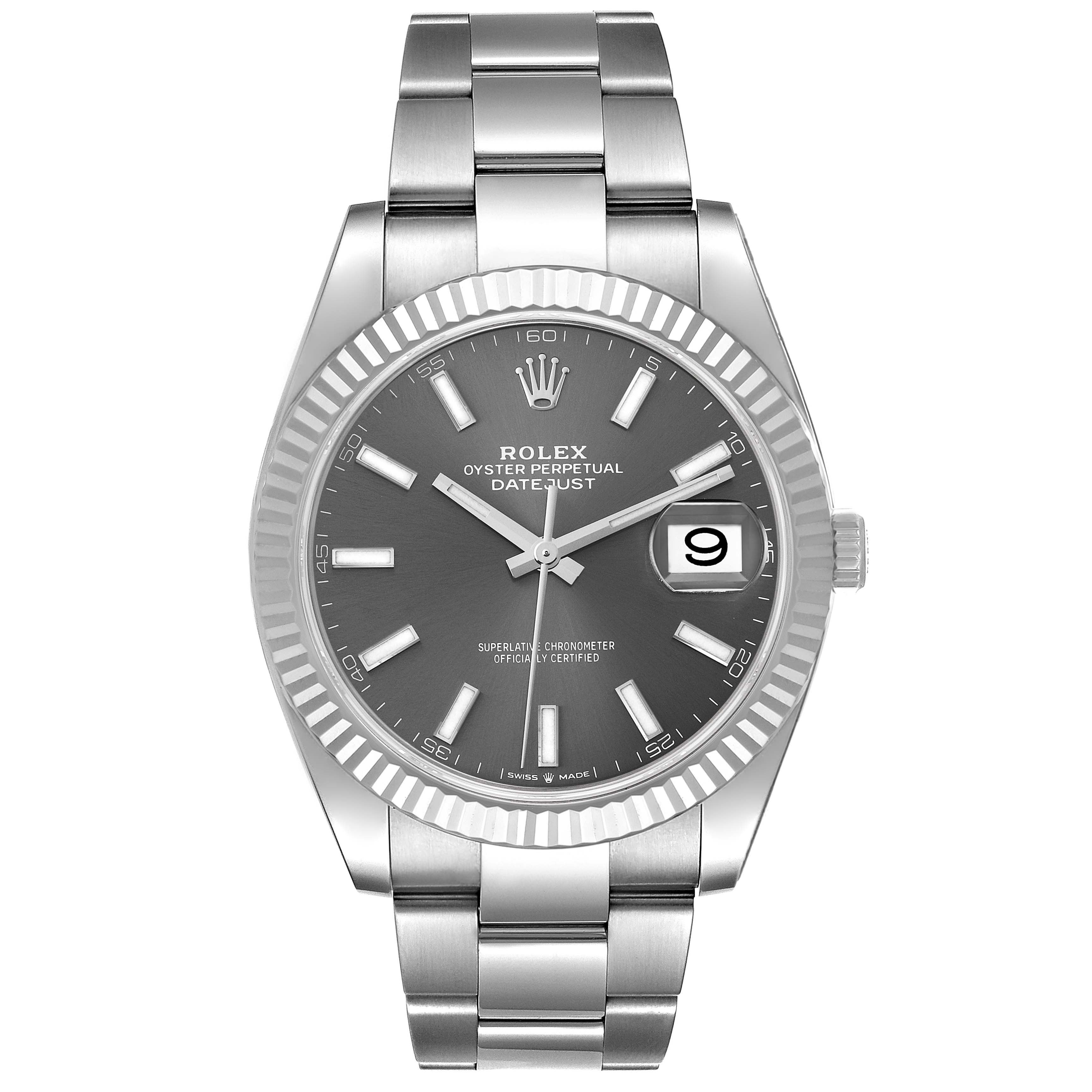 This image shows a frontal view of the Rolex Datejust 41 126334 Men
s Stainless Steel Grey Dial 126334 Men
s Stainless Steel Grey Dial watch, featuring its face, bezel, and bracelet.