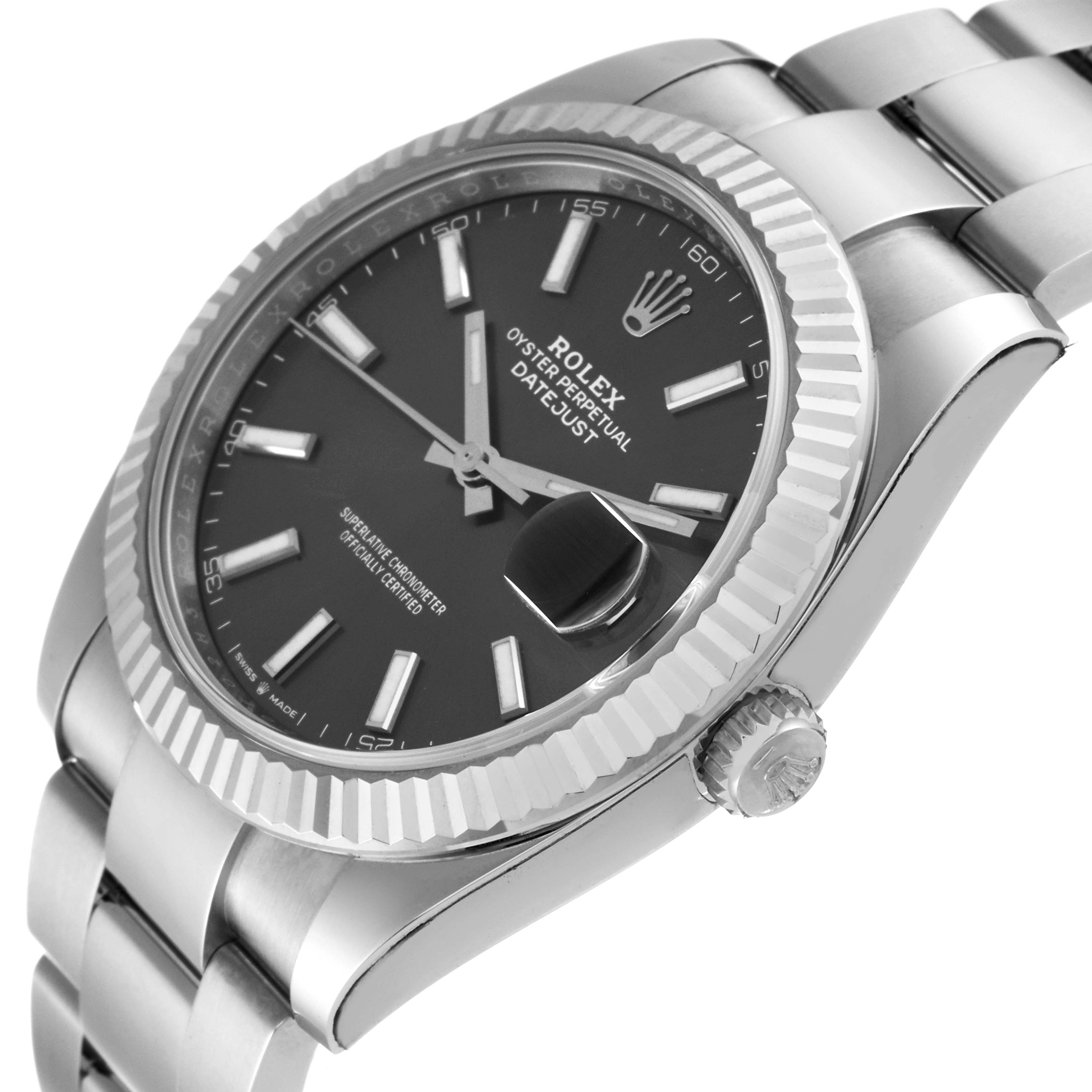 This image shows a side-angle view of the Rolex Datejust 41 126334 Men
s Stainless Steel Grey Dial 126334 Men
s Stainless Steel Grey Dial watch, highlighting the face, bezel, crown, and bracelet.
