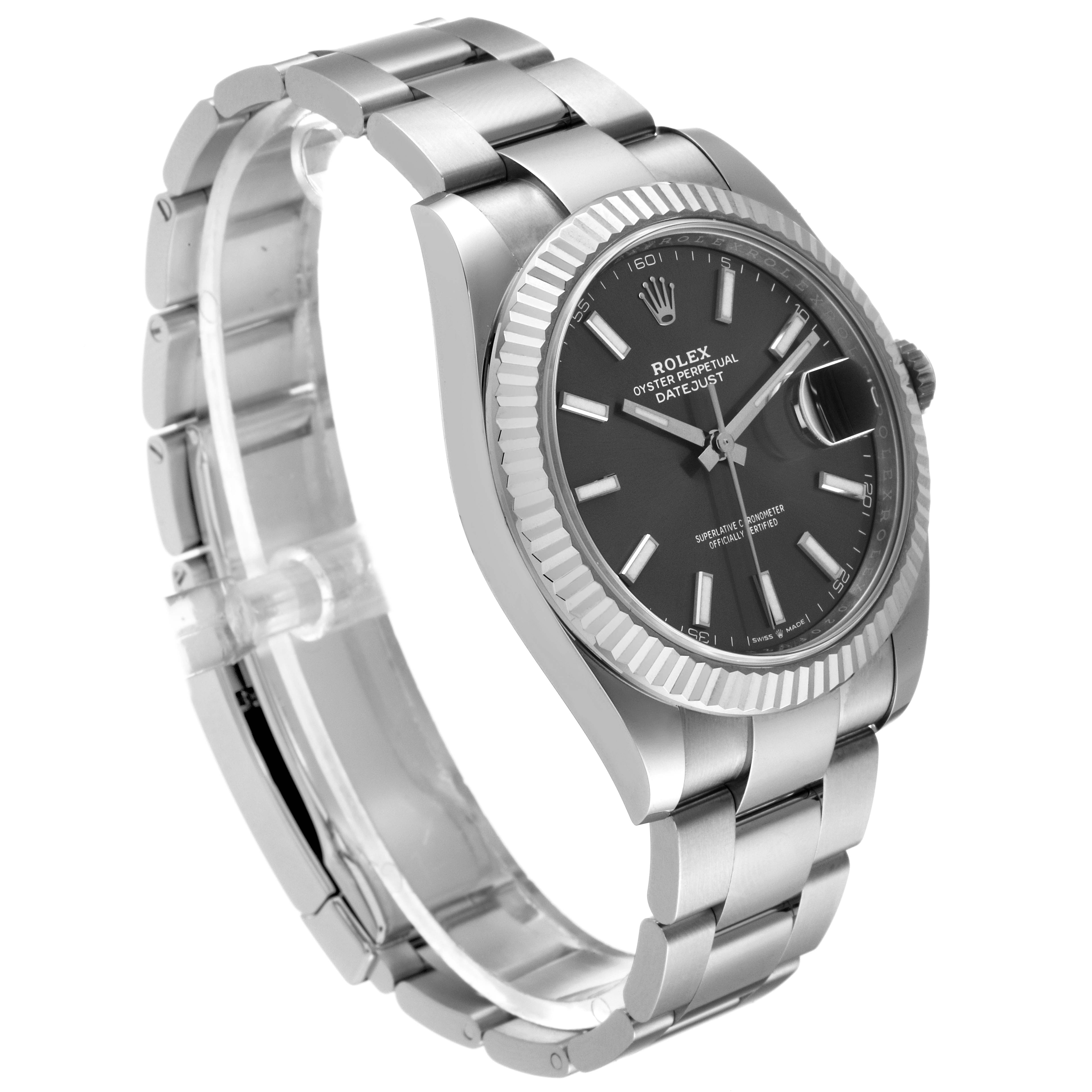 The image shows a Rolex Datejust 41 126334 Men
s Stainless Steel Grey Dial 126334 Men
s Stainless Steel Grey Dial watch at an angle highlighting the face, bezel, and part of the bracelet.