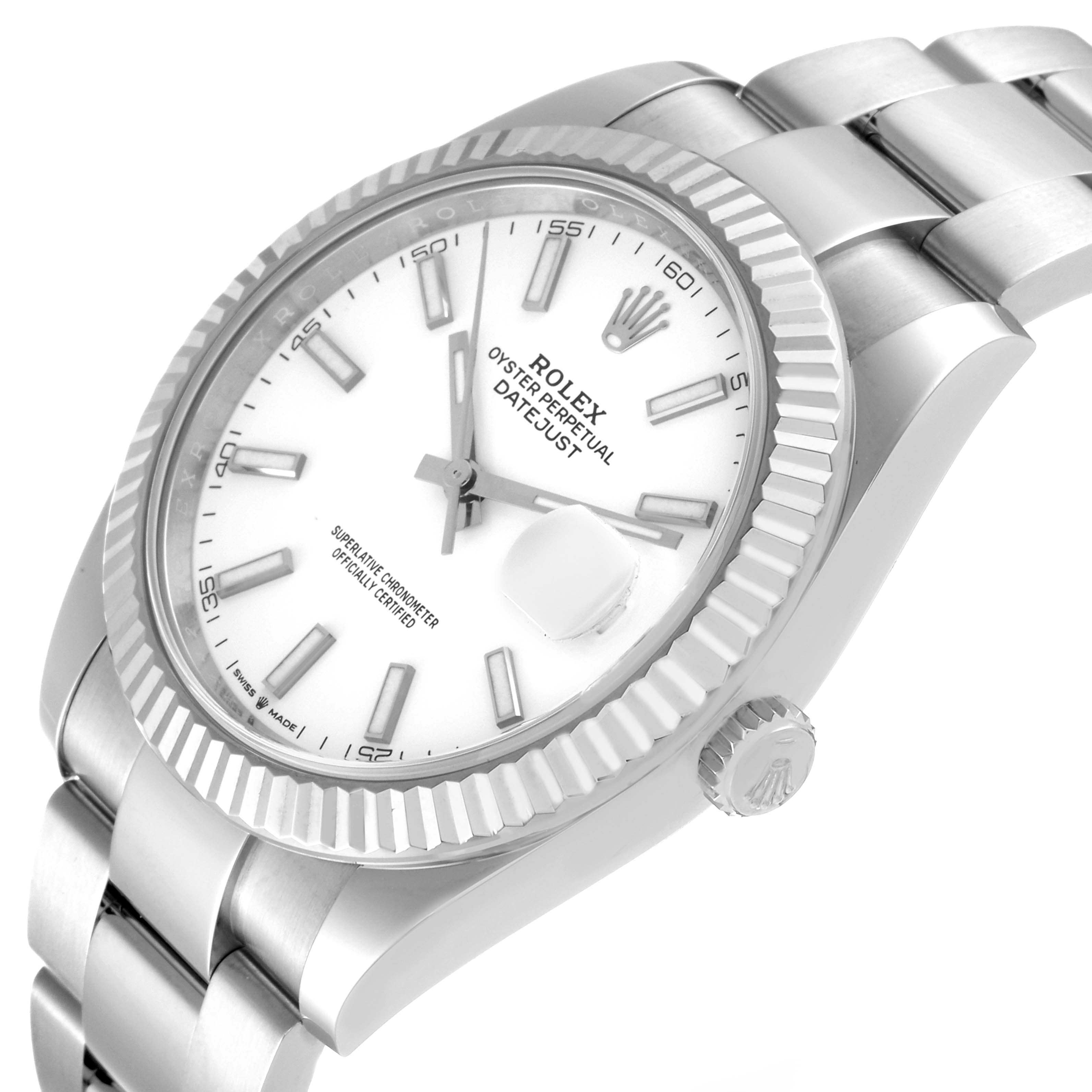 The image shows a close-up side angle of a Rolex Datejust 41 126334 Men's Stainless Steel White Dial 126334 Men's Stainless Steel White Dial, focusing on its bezel, dial, and part of the bracelet.