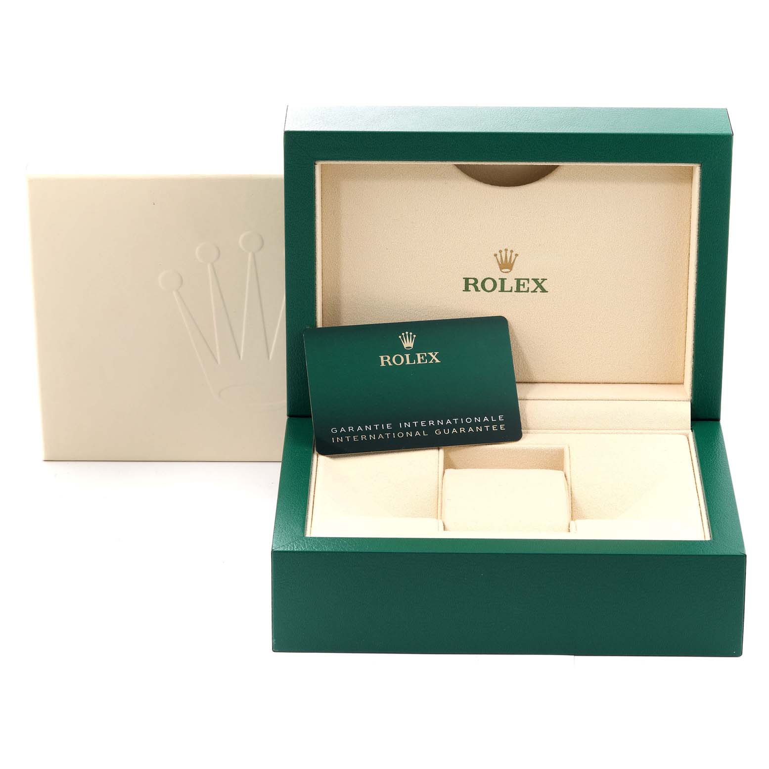 The image shows an open green Rolex box with an international guarantee card, designed for the Datejust 41 model.