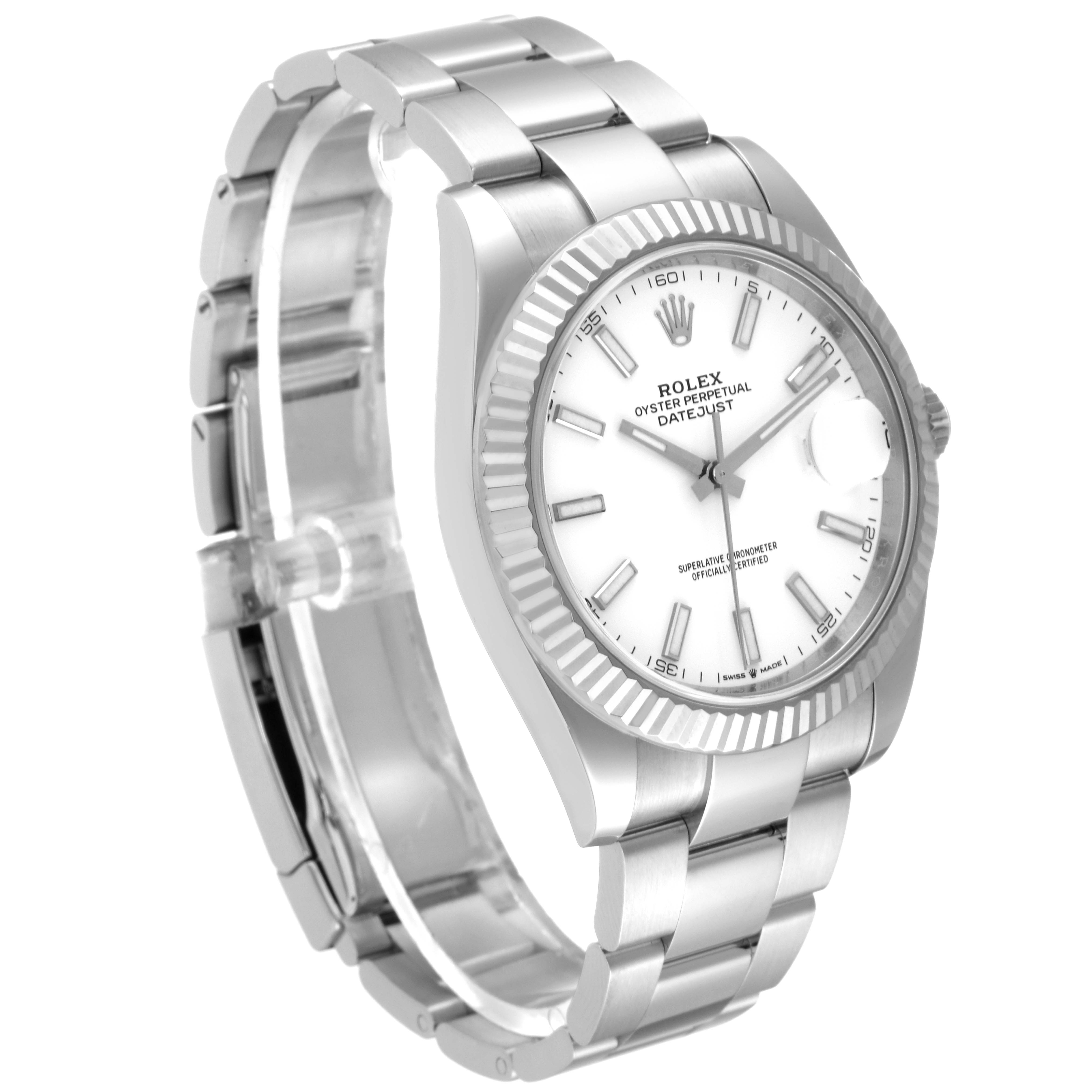 This image shows a Rolex Datejust 41 126334 Men's Stainless Steel White Dial 126334 Men's Stainless Steel White Dial watch from a three-quarter angle, highlighting the bracelet, dial, and bezel.