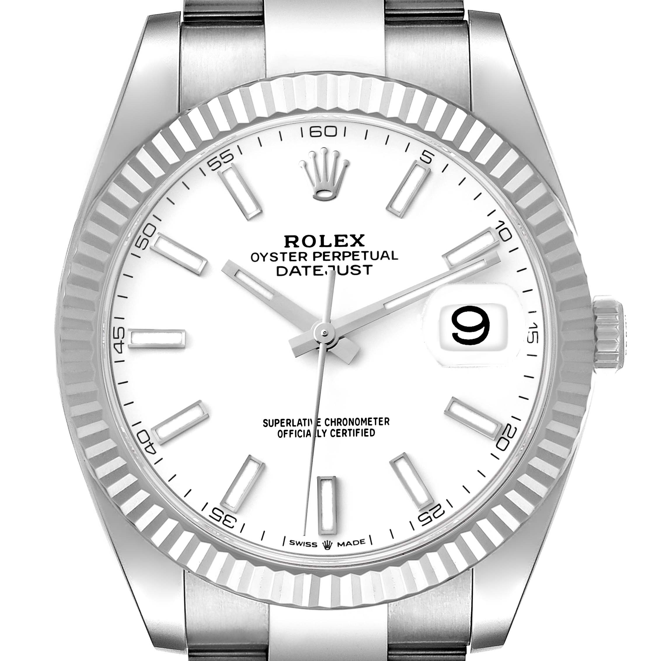 This image shows the face of a Rolex Datejust 41 126334 Men's Stainless Steel White Dial 126334 Men's Stainless Steel White Dial model watch, highlighting its fluted bezel, white dial, and date magnifier.