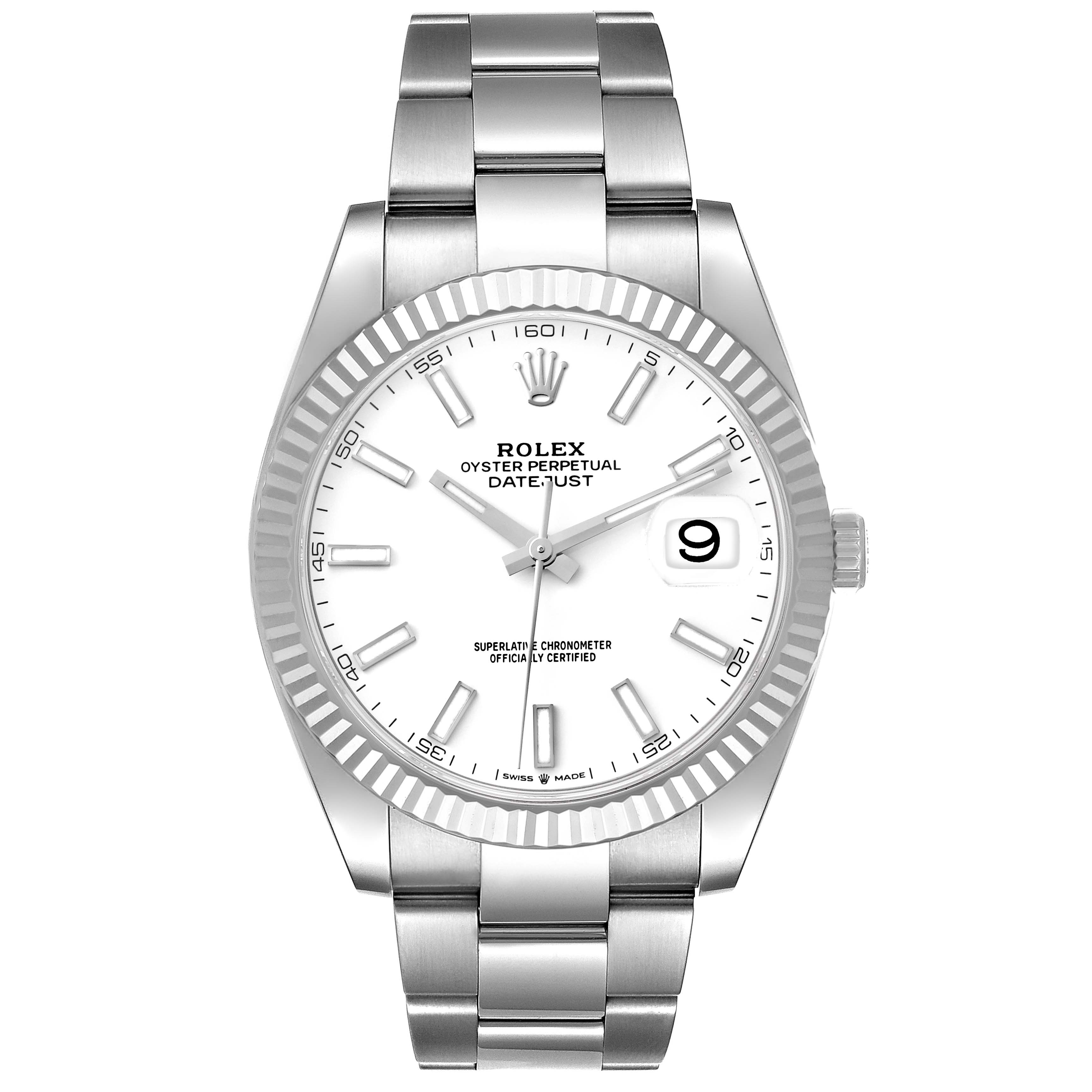 The image shows a Rolex Datejust 41 126334 Men's Stainless Steel White Dial 126334 Men's Stainless Steel White Dial watch from a front angle, displaying the white dial, fluted bezel, and Oyster bracelet.
