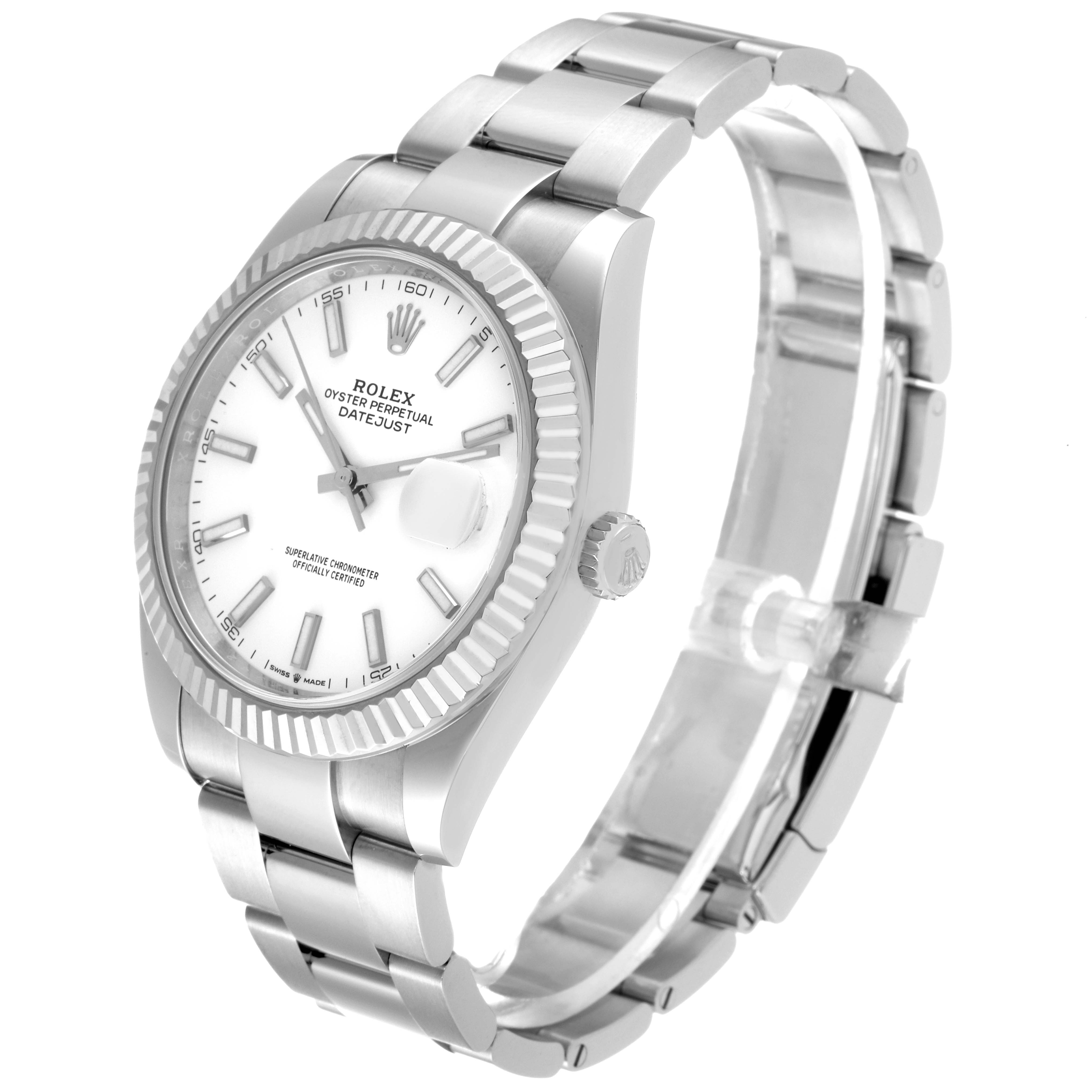 The Rolex Datejust 41 126334 Men's Stainless Steel White Dial 126334 Men's Stainless Steel White Dial model watch is shown from a three-quarter angle, showcasing its face, bezel, bracelet, and crown.